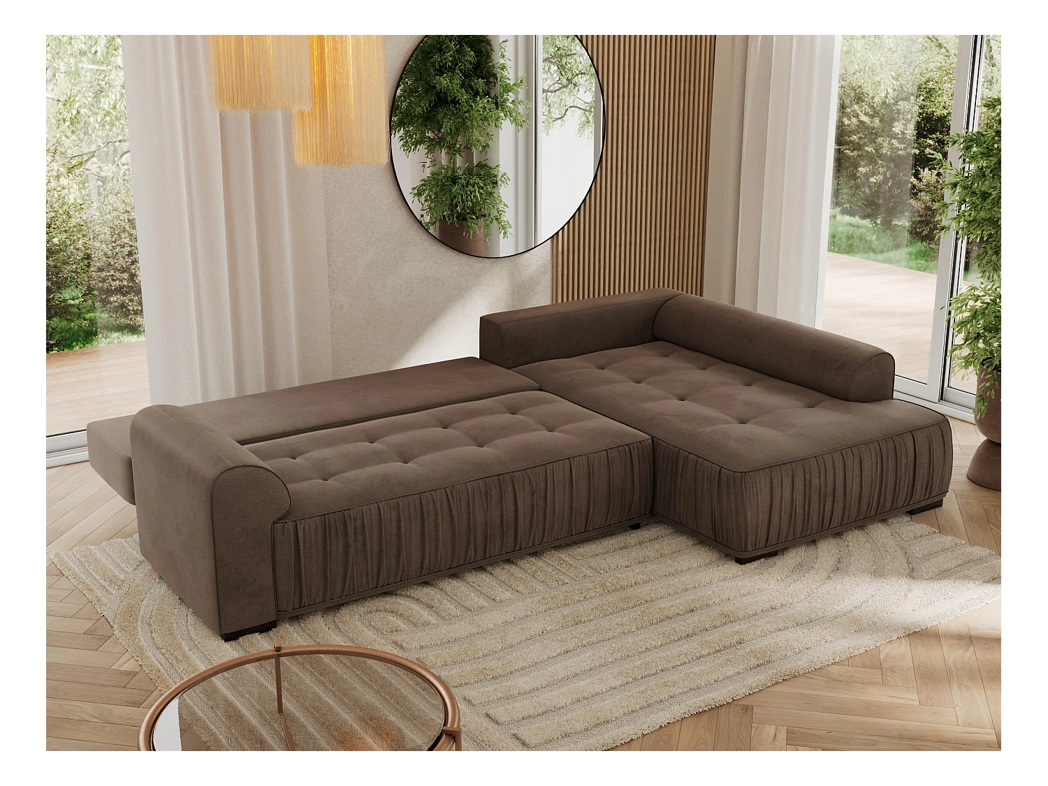 Ecksofa ORTA - Schlaffunktion und Bettkasten, lose Kissen, gesteppter Sitz, L-förmige Ecke - Braun Velvet - Ecke Rechts