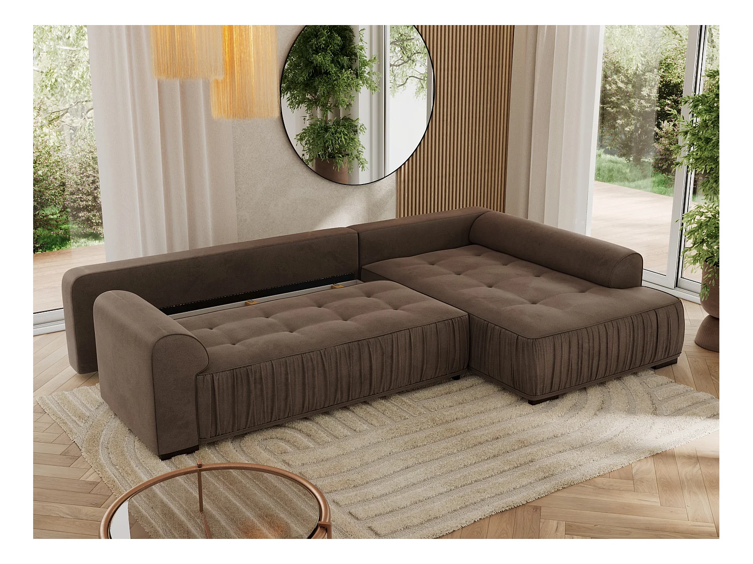 Ecksofa ORTA - Schlaffunktion und Bettkasten, lose Kissen, gesteppter Sitz, L-förmige Ecke - Braun Velvet - Ecke Rechts