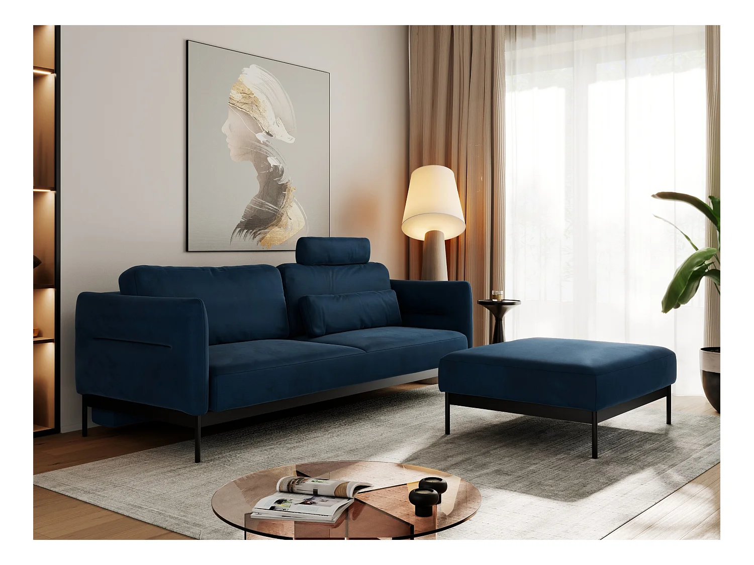 Ecksofa SALENTO - mit Metallbeine, Schlafsofa, mobilen Fußhocker, lose Kissen - Dunkelblau Velvet