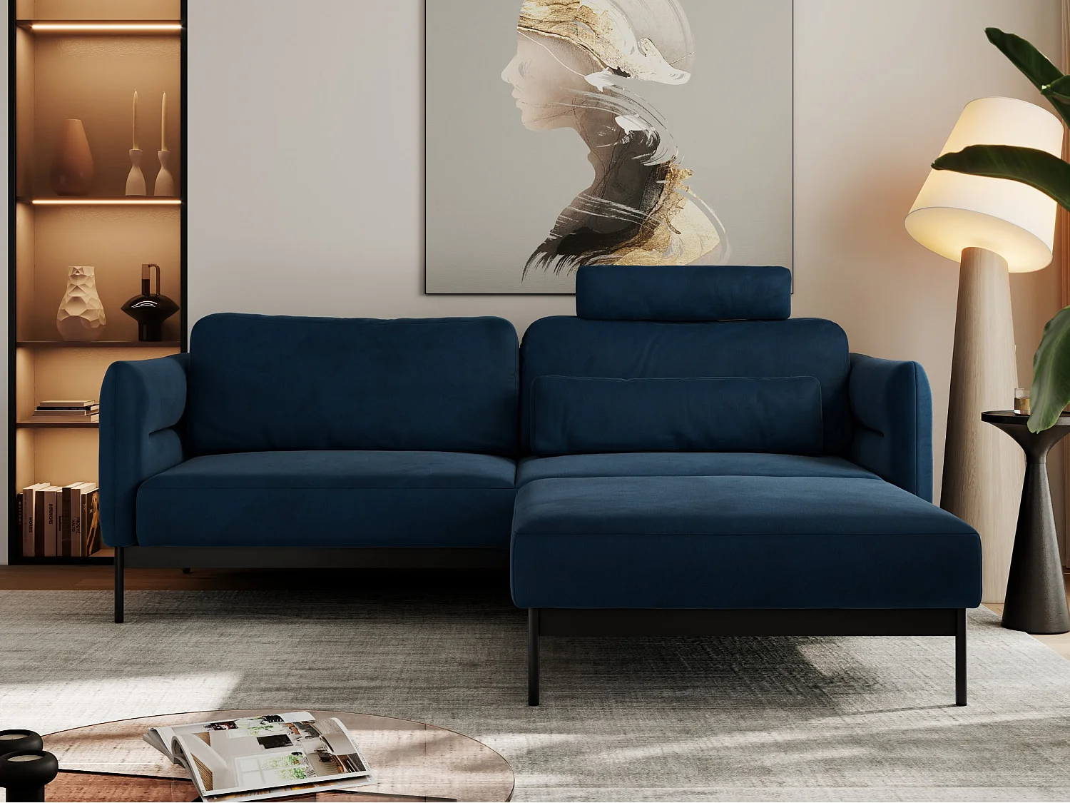 Ecksofa SALENTO - mit Metallbeine, Schlafsofa, mobilen Fußhocker, lose Kissen - Dunkelblau Velvet