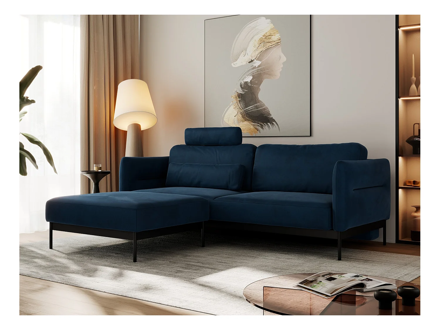 Ecksofa SALENTO - mit Metallbeine, Schlafsofa, mobilen Fußhocker, lose Kissen - Dunkelblau Velvet