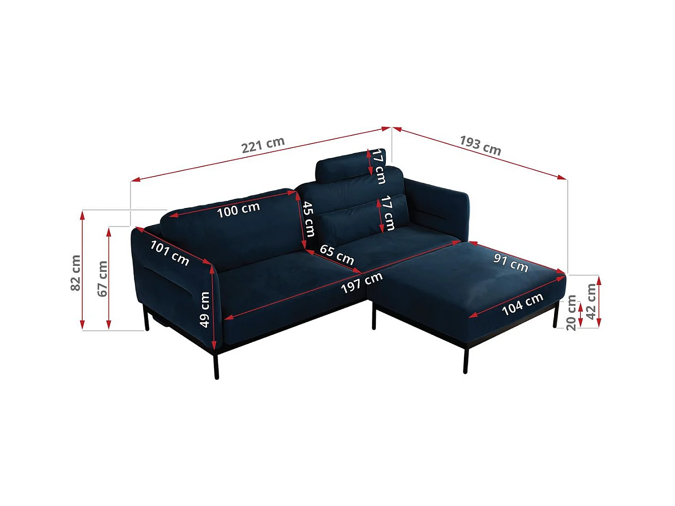 Ecksofa SALENTO - mit Metallbeine, Schlafsofa, mobilen Fußhocker, lose Kissen - Dunkelblau Velvet