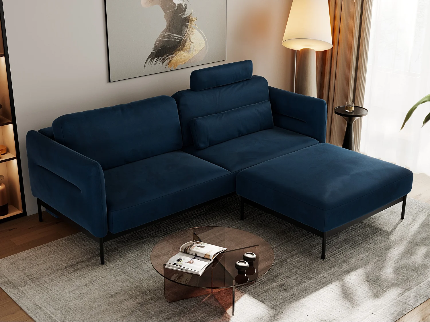 Ecksofa SALENTO - mit Metallbeine, Schlafsofa, mobilen Fußhocker, lose Kissen - Dunkelblau Velvet