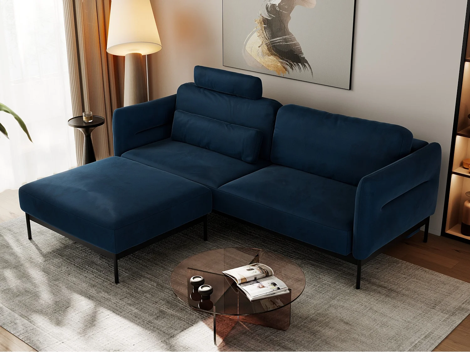 Ecksofa SALENTO - mit Metallbeine, Schlafsofa, mobilen Fußhocker, lose Kissen - Dunkelblau Velvet