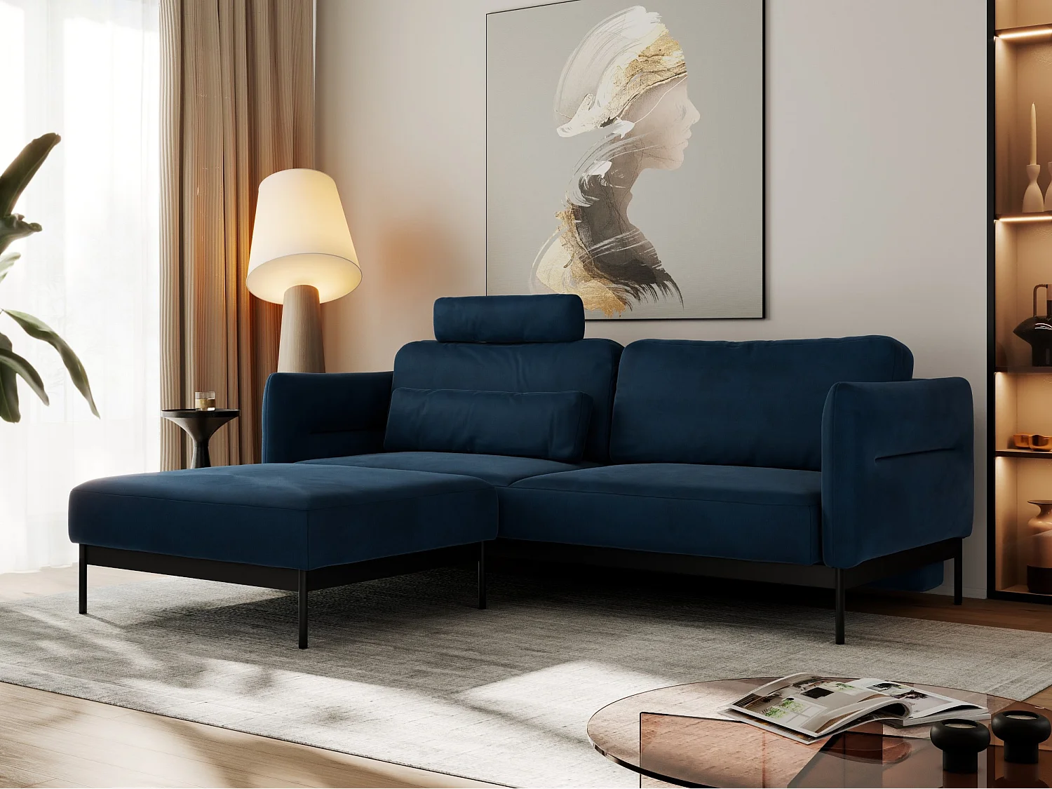 Ecksofa SALENTO - mit Metallbeine, Schlafsofa, mobilen Fußhocker, lose Kissen - Dunkelblau Velvet