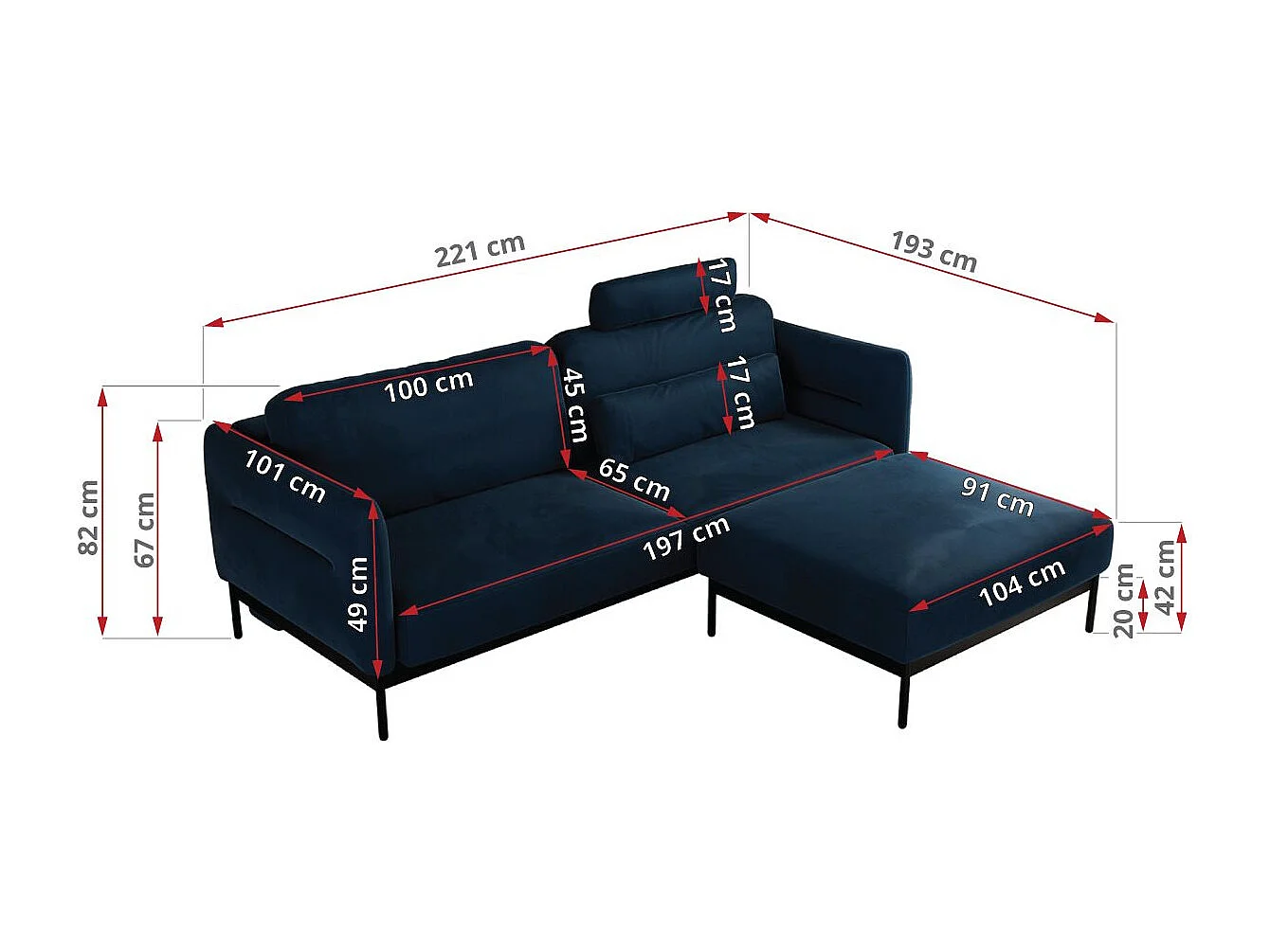 Ecksofa SALENTO - mit Metallbeine, Schlafsofa, mobilen Fußhocker, lose Kissen - Dunkelblau Velvet