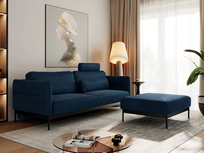 Ecksofa SALENTO - mit Metallbeine, Schlafsofa, mobilen Fußhocker, lose Kissen - Dunkelblau Velvet