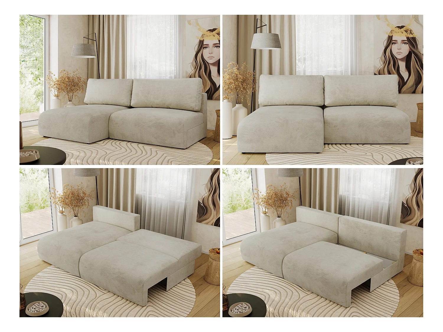 Ecksofa VIVO - L-form Couch mit Schlaffunktion und Bettkasten, Wellenfeder - Beige Velvet - Ecke Links