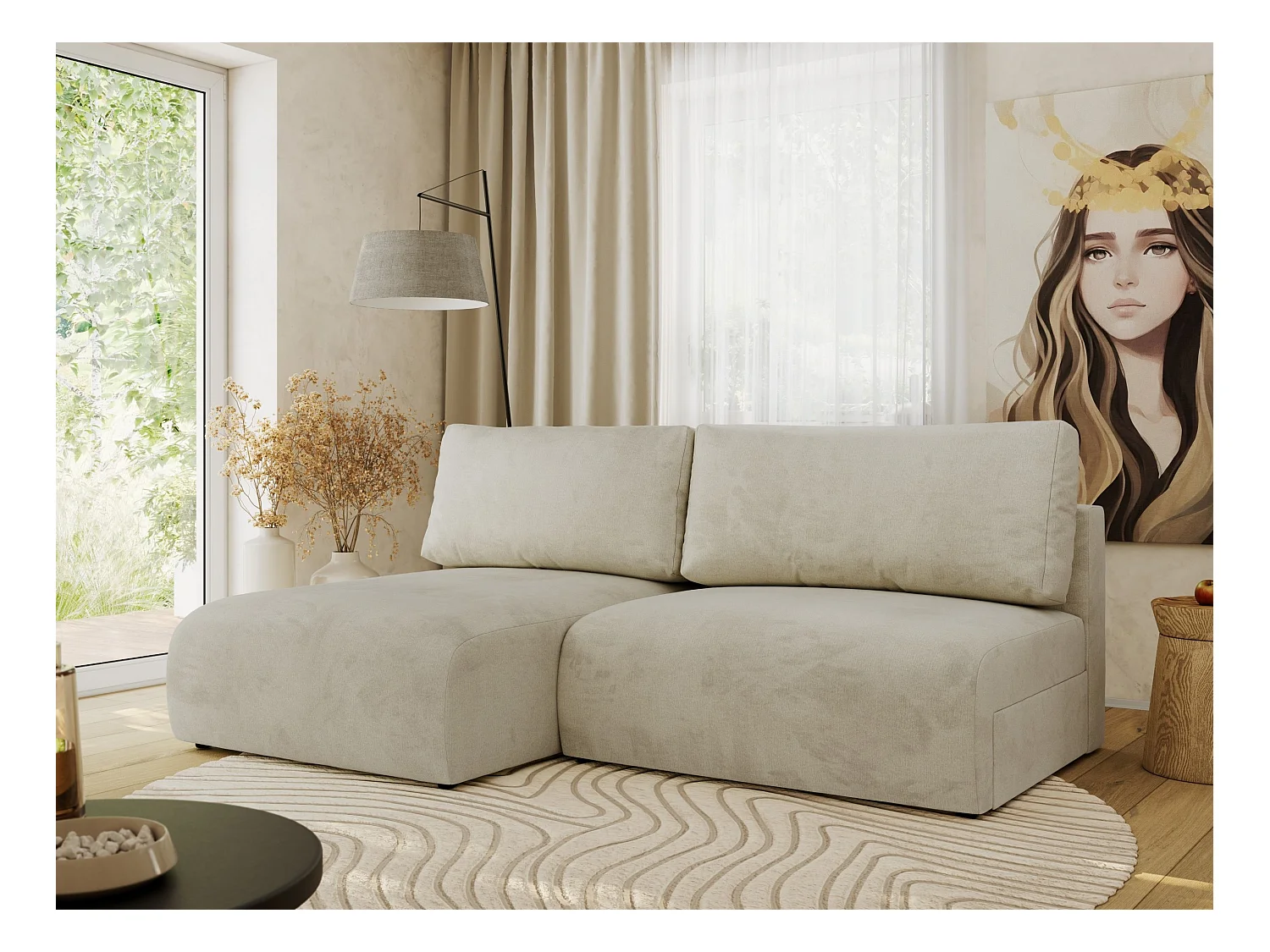 Ecksofa VIVO - L-form Couch mit Schlaffunktion und Bettkasten, Wellenfeder - Beige Velvet - Ecke Links