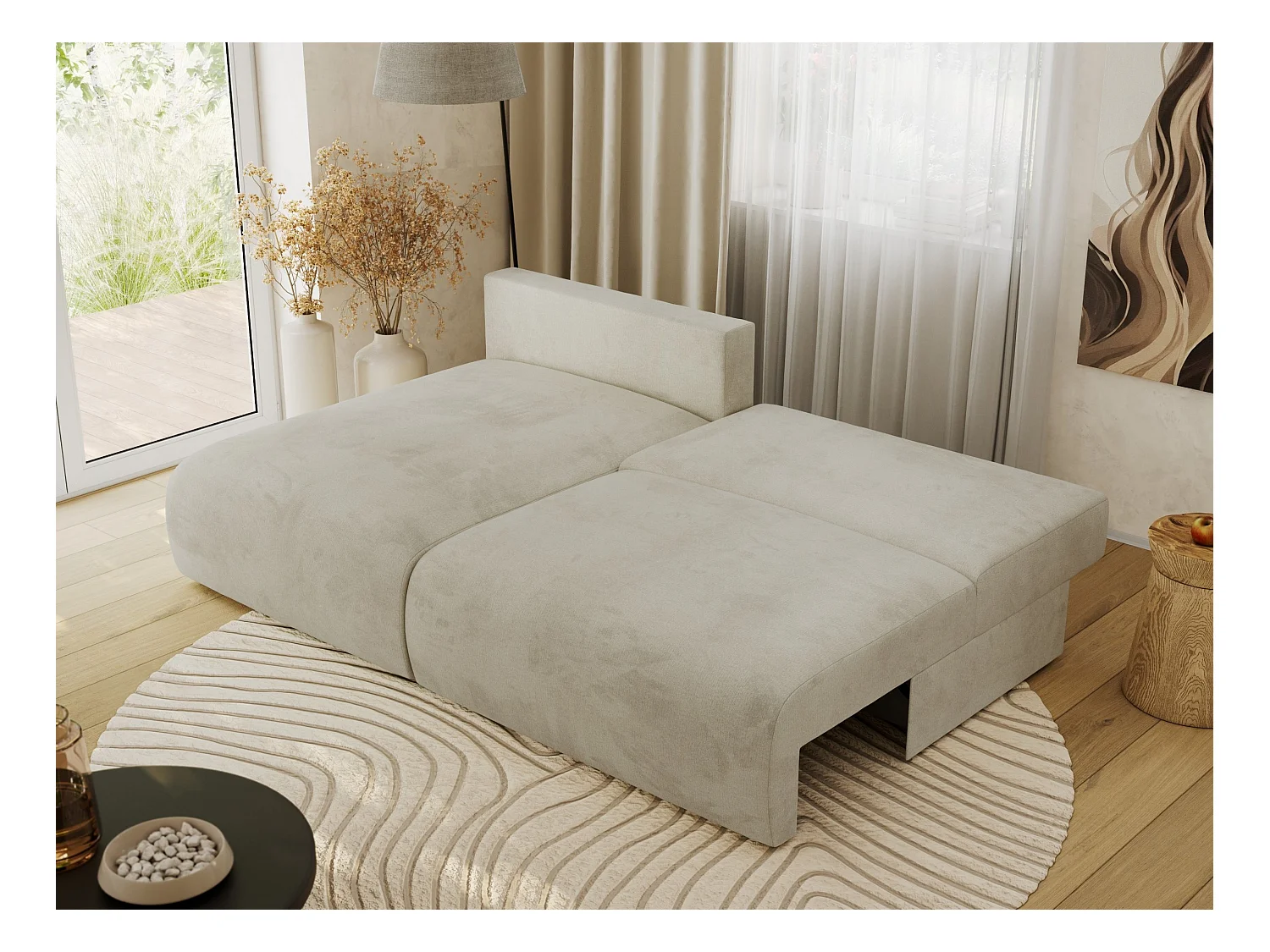 Ecksofa VIVO - L-form Couch mit Schlaffunktion und Bettkasten, Wellenfeder - Beige Velvet - Ecke Links