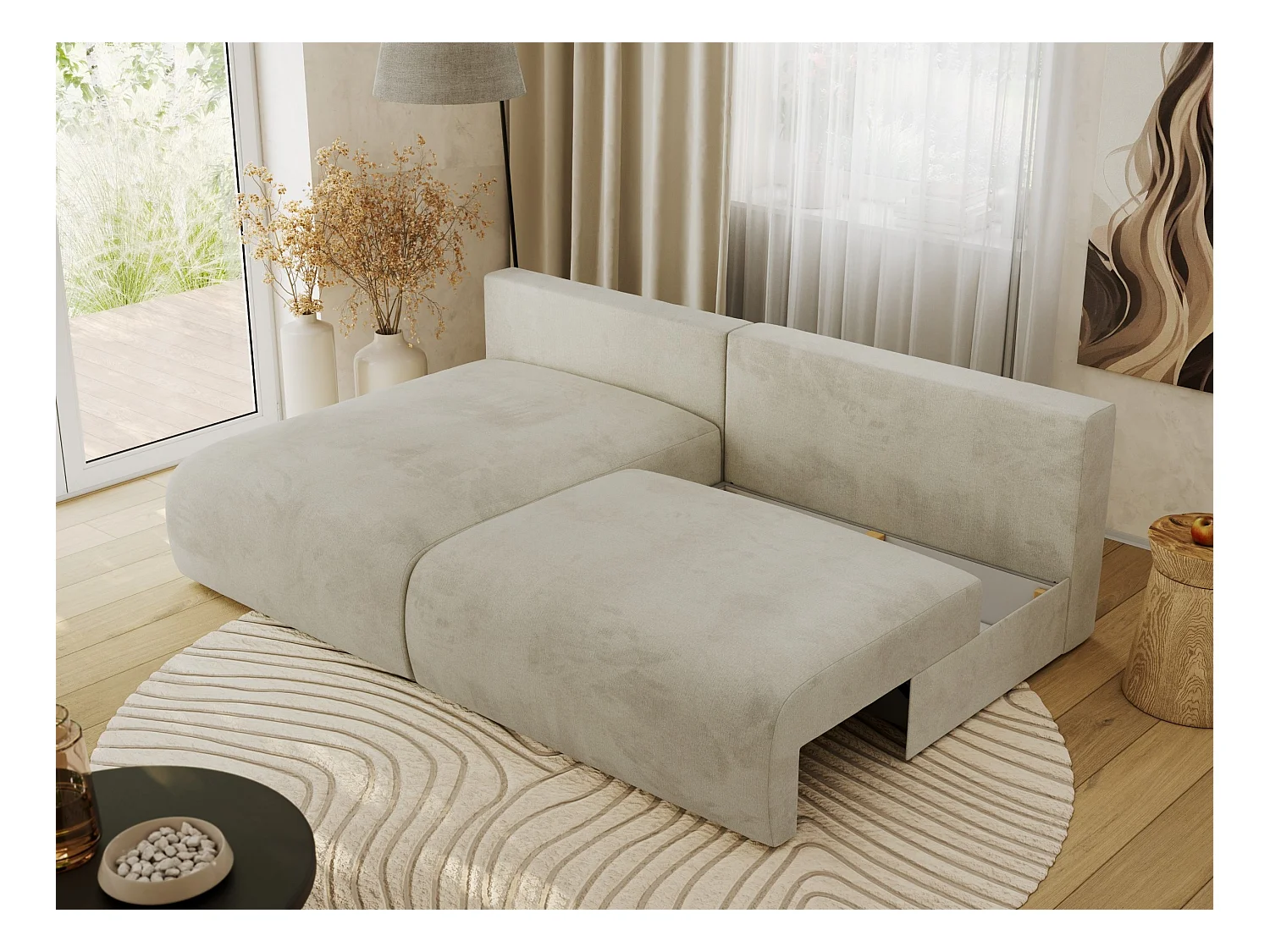 Ecksofa VIVO - L-form Couch mit Schlaffunktion und Bettkasten, Wellenfeder - Beige Velvet - Ecke Links