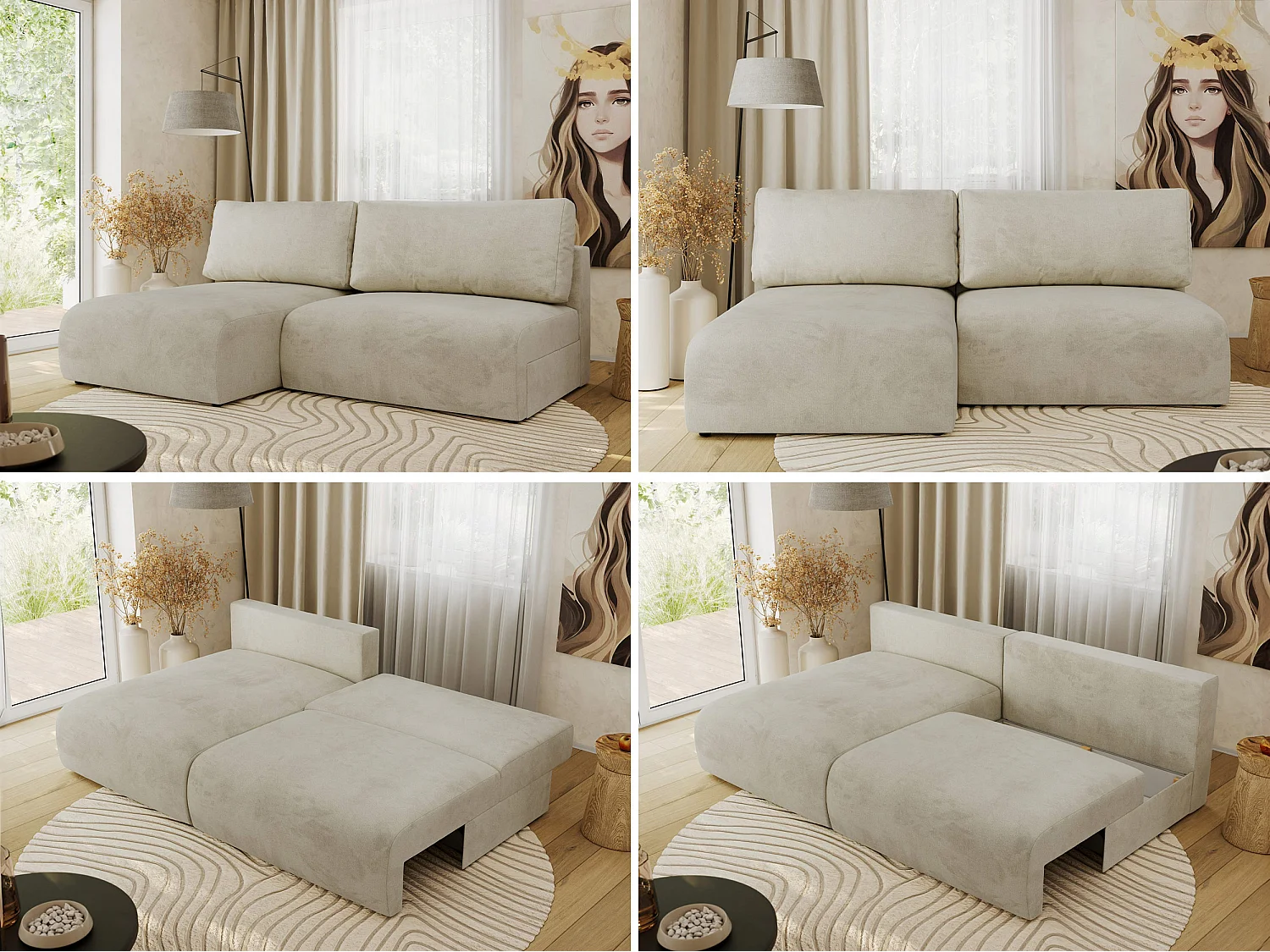 Ecksofa VIVO - L-form Couch mit Schlaffunktion und Bettkasten, Wellenfeder - Beige Velvet - Ecke Links