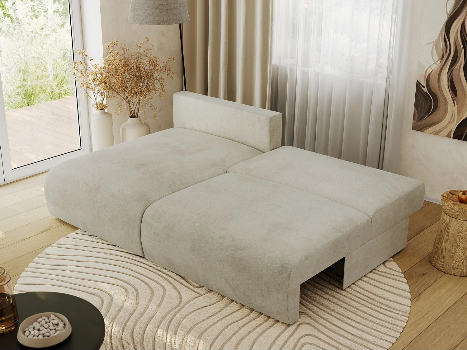 Ecksofa VIVO - L-form Couch mit Schlaffunktion und Bettkasten, Wellenfeder - Beige Velvet - Ecke Links