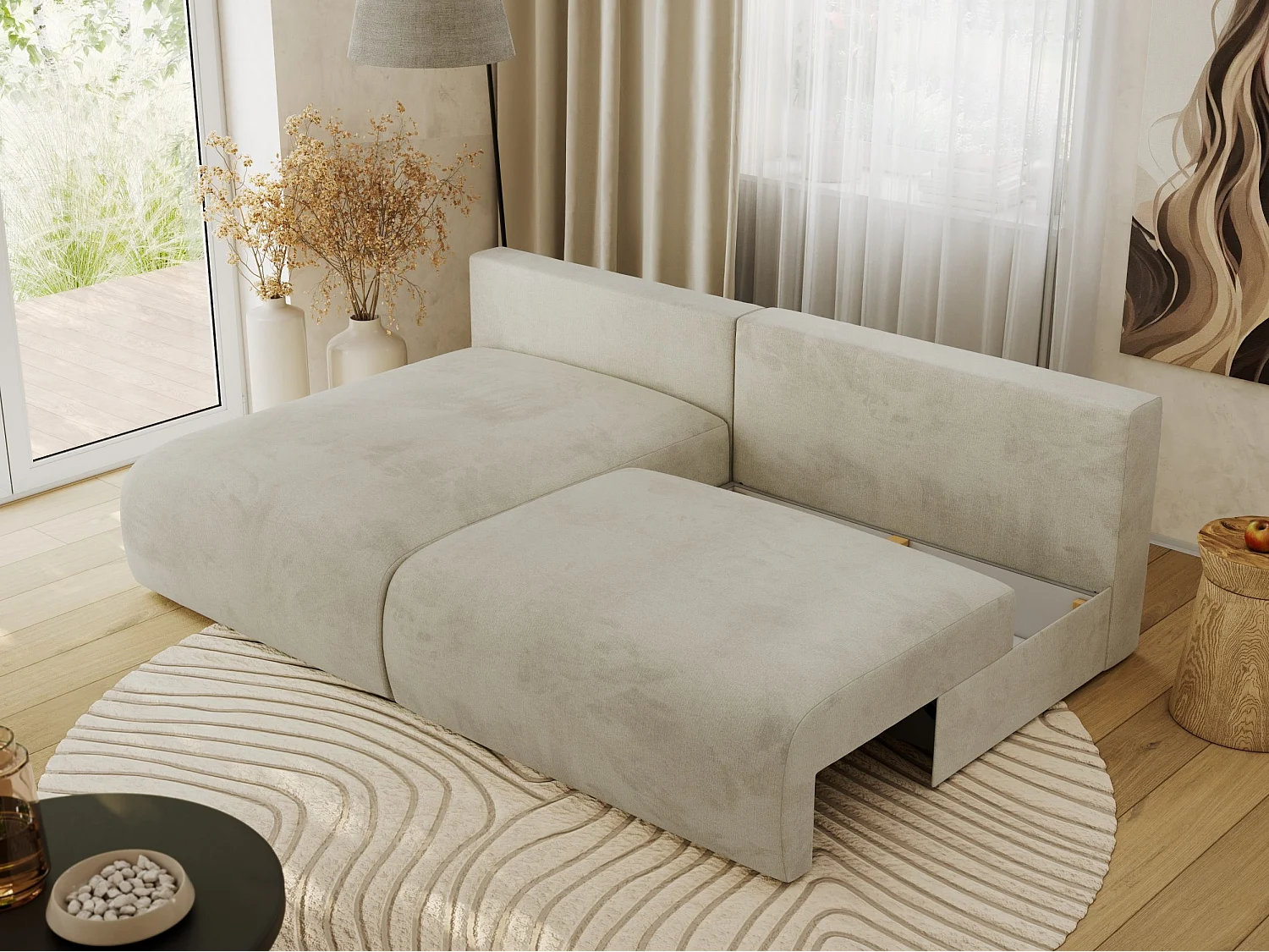 Ecksofa VIVO - L-form Couch mit Schlaffunktion und Bettkasten, Wellenfeder - Beige Velvet - Ecke Links