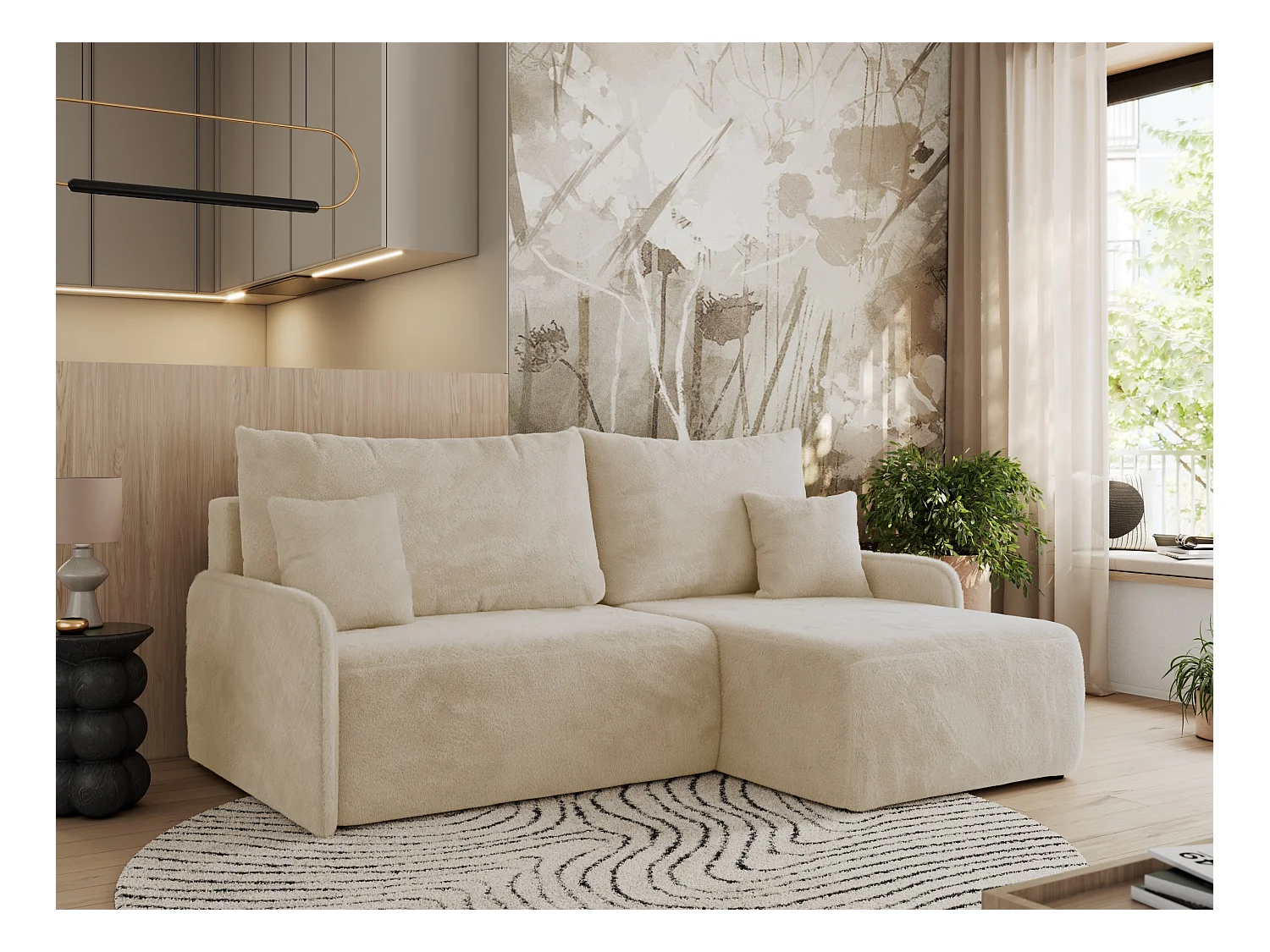 Ecksofa ARPA - L-form Schlaffsofa, Bettkasten und lose Kissen, Armlehnen - Creme Plüsch - Ecke Rechts