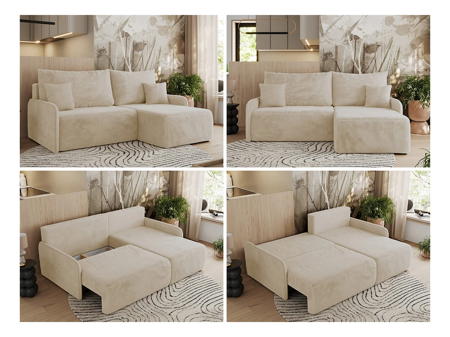 Ecksofa ARPA - L-form Schlaffsofa, Bettkasten und lose Kissen, Armlehnen - Creme Plüsch - Ecke Rechts