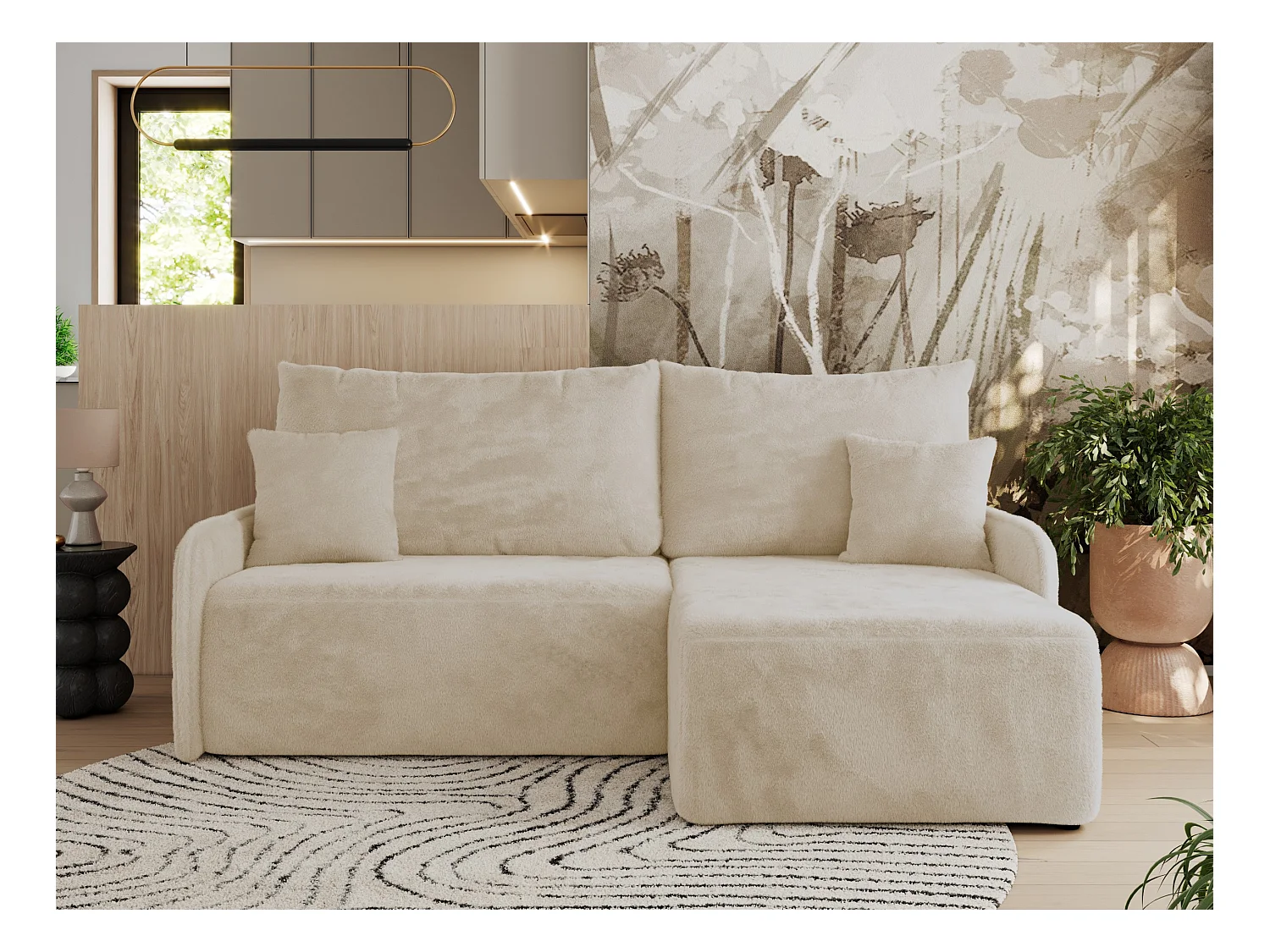 Ecksofa ARPA - L-form Schlaffsofa, Bettkasten und lose Kissen, Armlehnen - Creme Plüsch - Ecke Rechts
