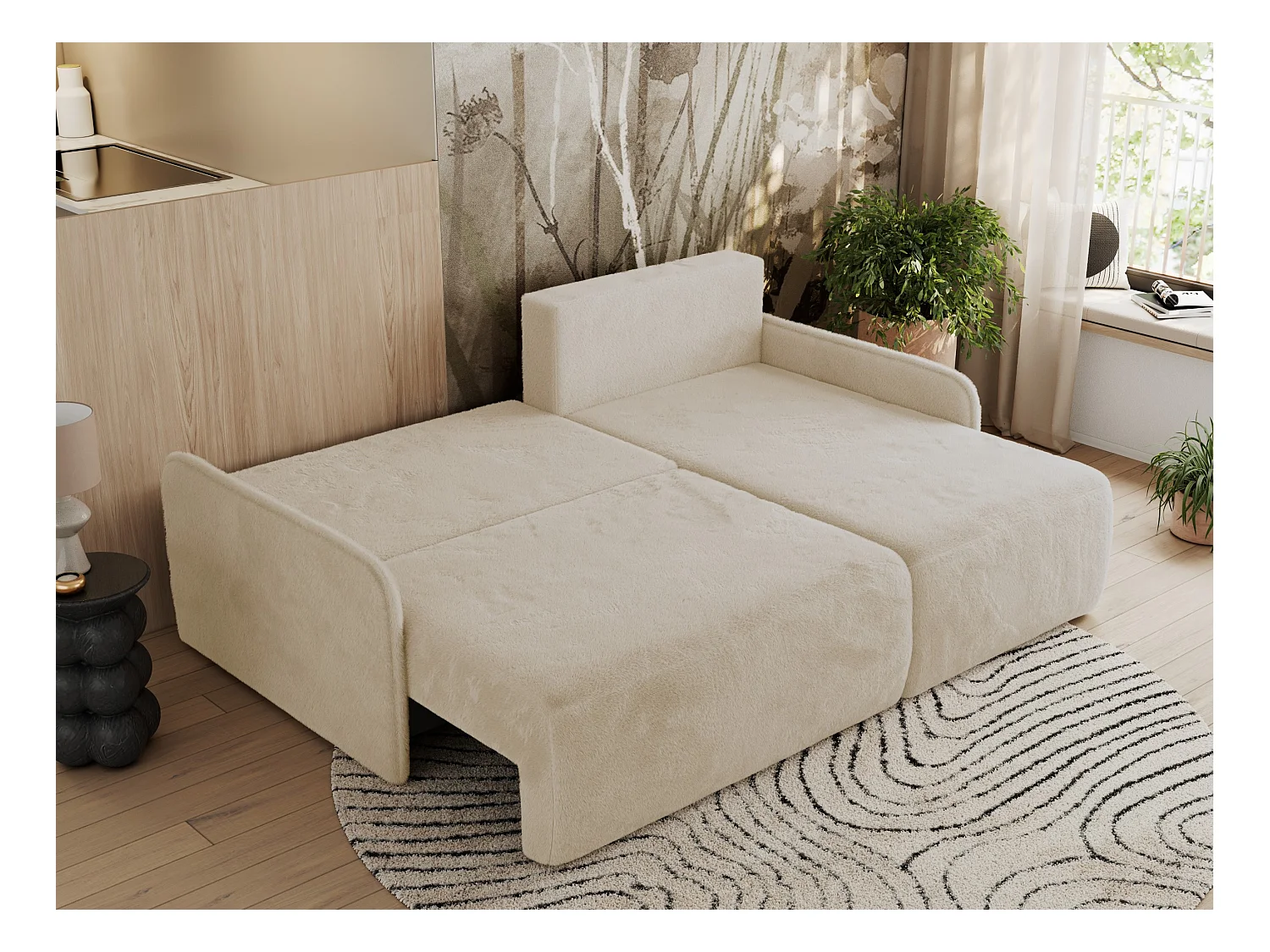Ecksofa ARPA - L-form Schlaffsofa, Bettkasten und lose Kissen, Armlehnen - Creme Plüsch - Ecke Rechts
