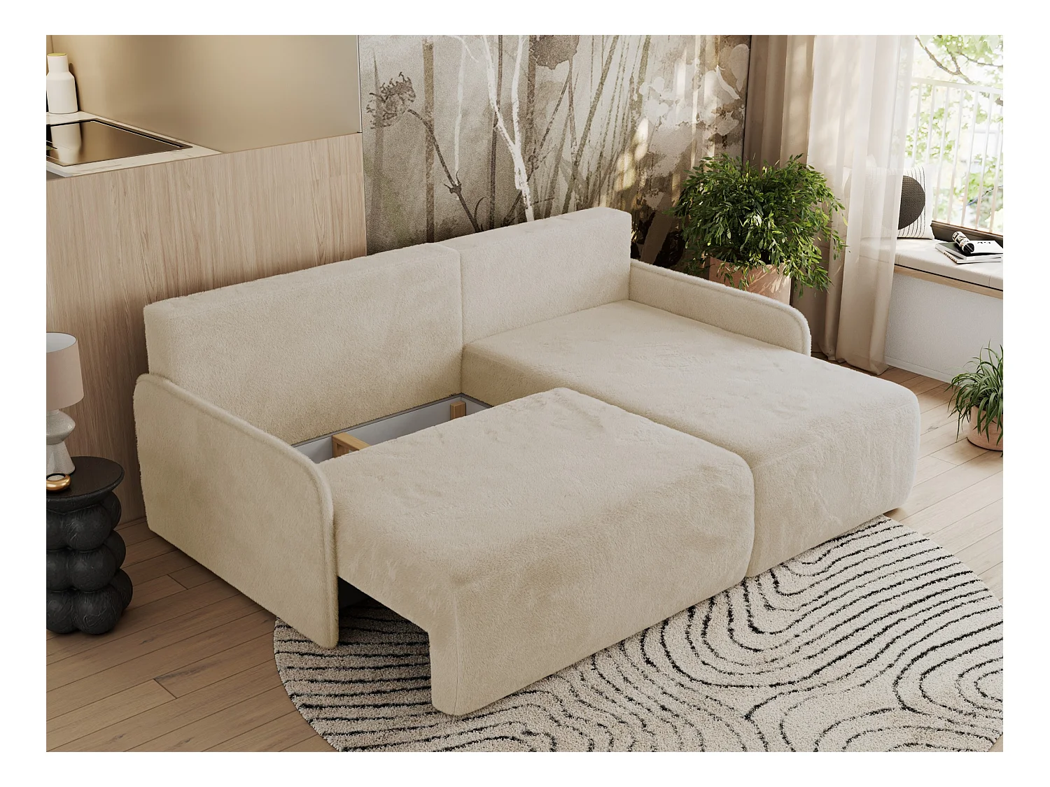 Ecksofa ARPA - L-form Schlaffsofa, Bettkasten und lose Kissen, Armlehnen - Creme Plüsch - Ecke Rechts