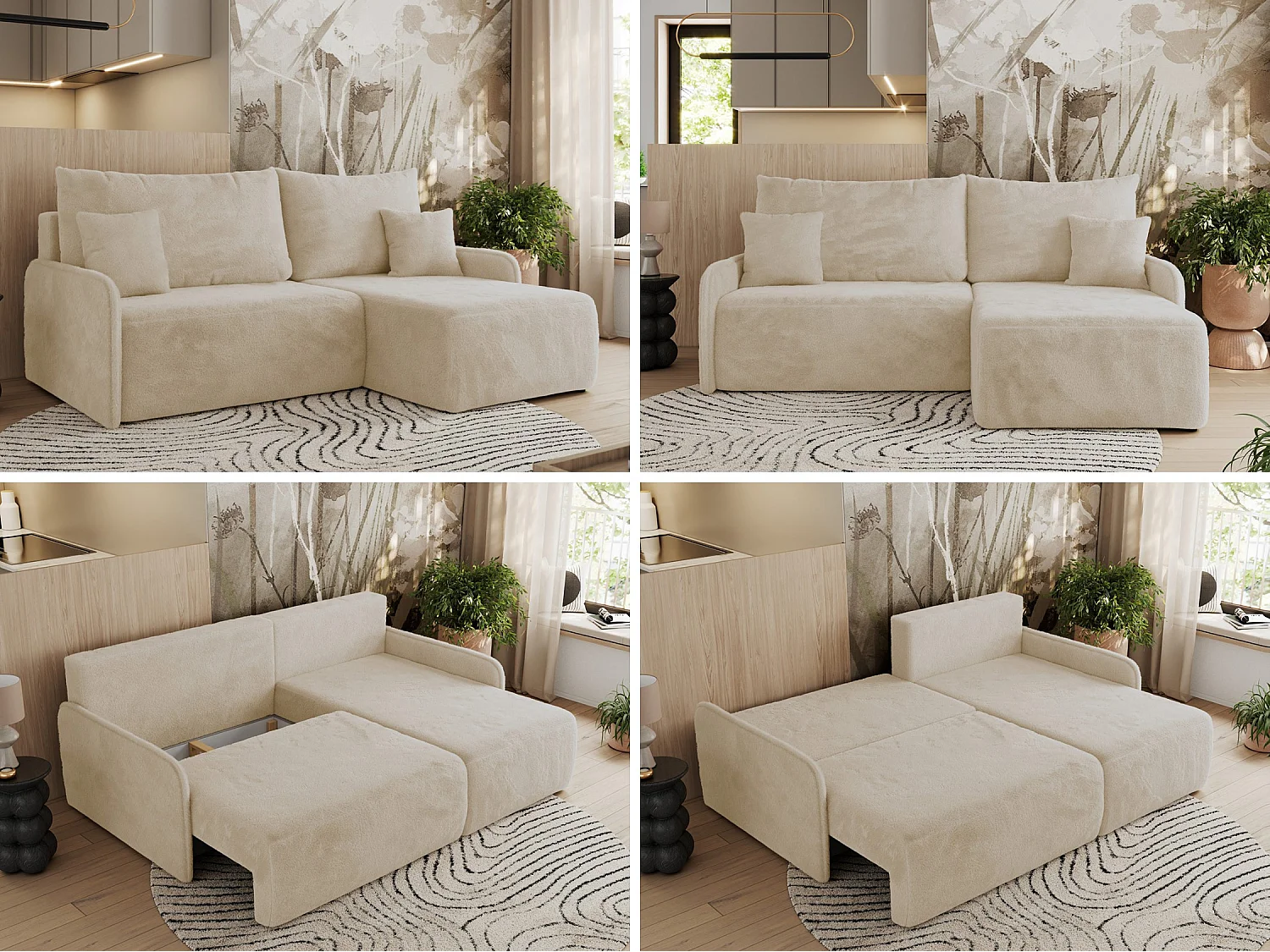 Ecksofa ARPA - L-form Schlaffsofa, Bettkasten und lose Kissen, Armlehnen - Creme Plüsch - Ecke Rechts