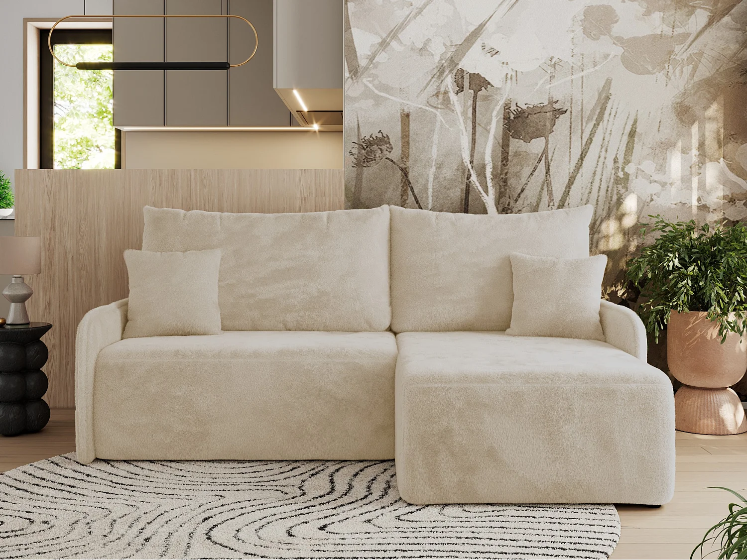 Ecksofa ARPA - L-form Schlaffsofa, Bettkasten und lose Kissen, Armlehnen - Creme Plüsch - Ecke Rechts