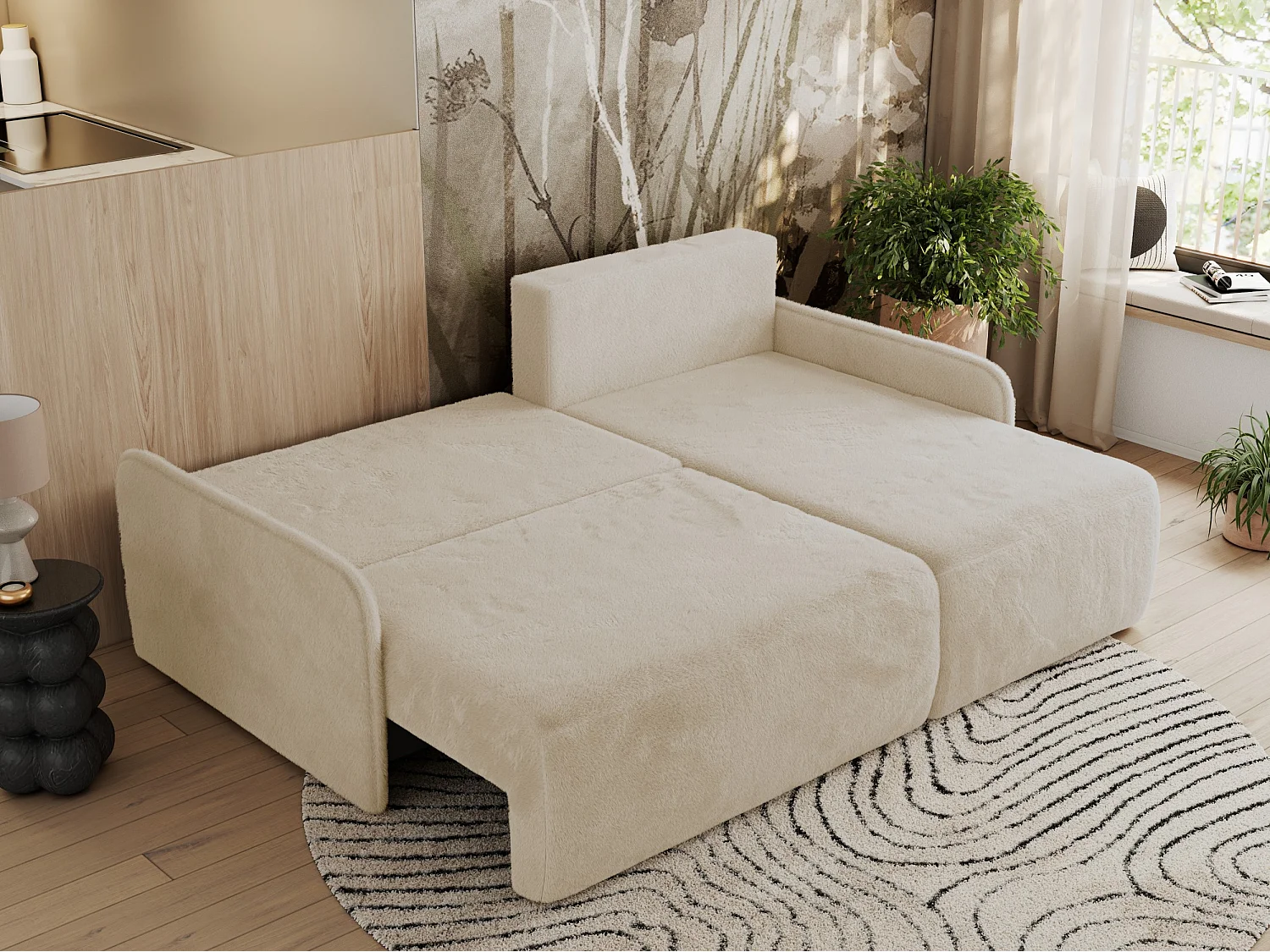 Ecksofa ARPA - L-form Schlaffsofa, Bettkasten und lose Kissen, Armlehnen - Creme Plüsch - Ecke Rechts