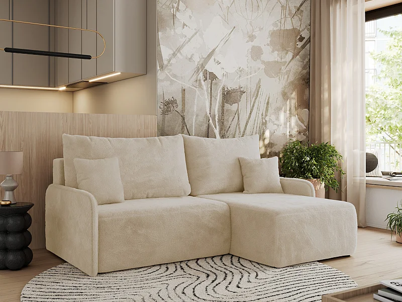Ecksofa ARPA - L-form Schlaffsofa, Bettkasten und lose Kissen, Armlehnen - Creme Plüsch - Ecke Rechts