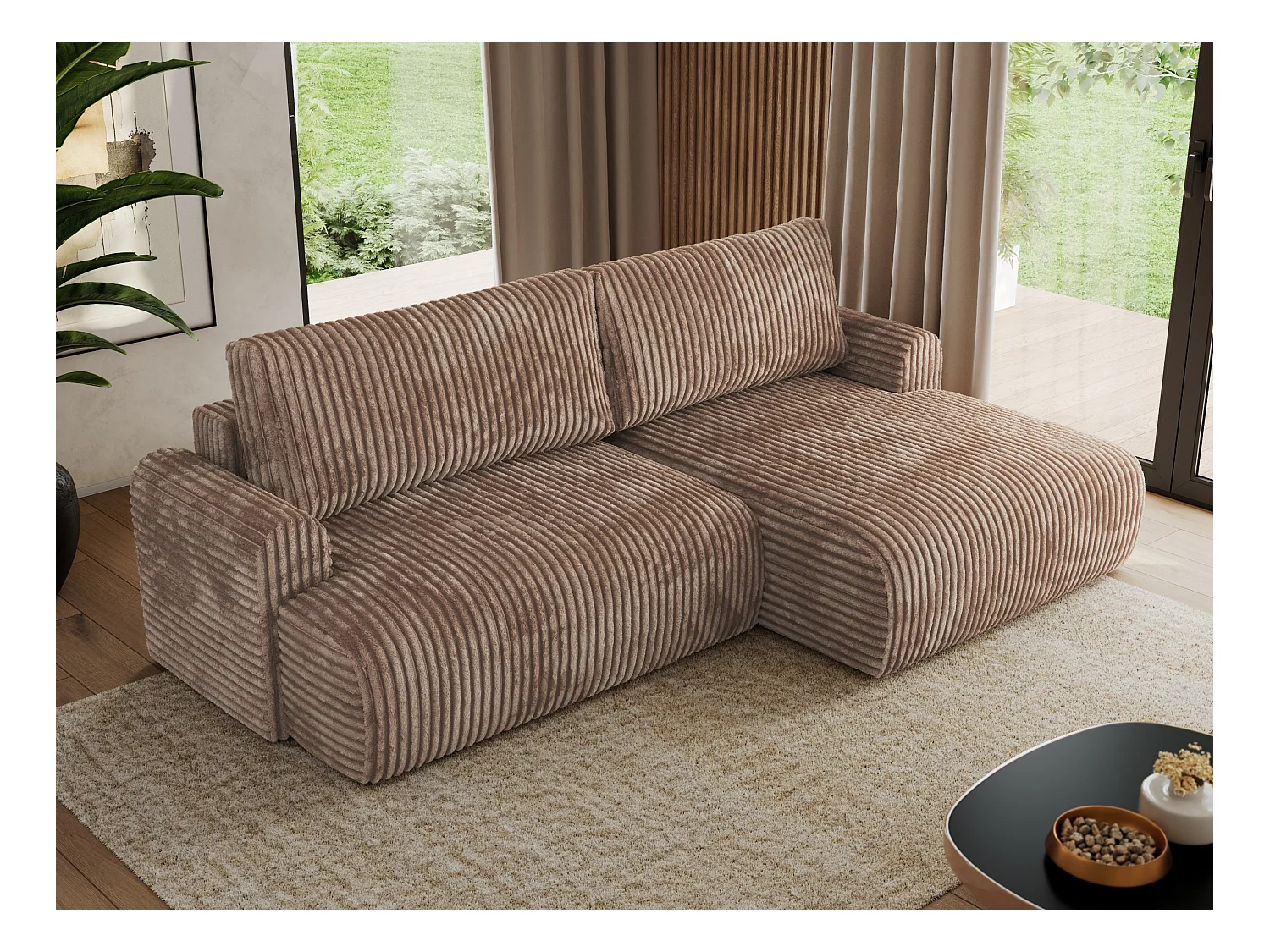 Ecksofa TONO - mit Schlaffunktion und Bettkasten, L-form Ecke, Armlehnen - Braun Cord - Ecke Rechts
