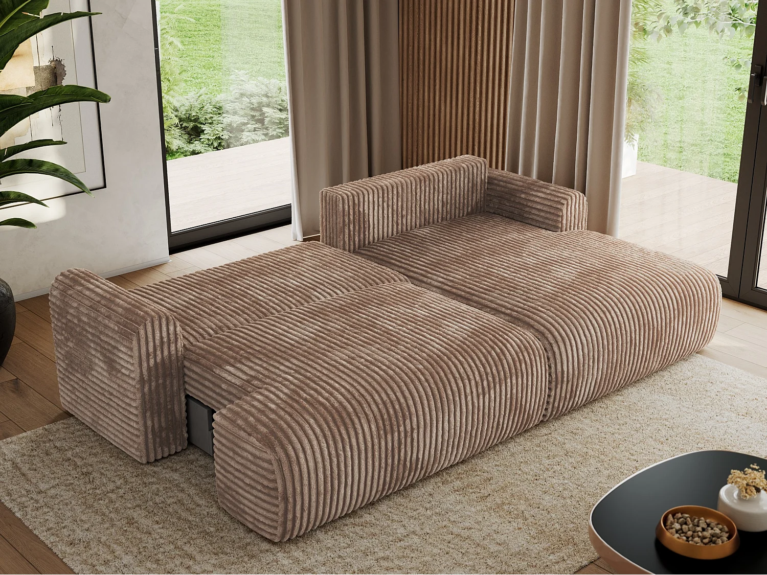 Ecksofa TONO - mit Schlaffunktion und Bettkasten, L-form Ecke, Armlehnen - Braun Cord - Ecke Rechts