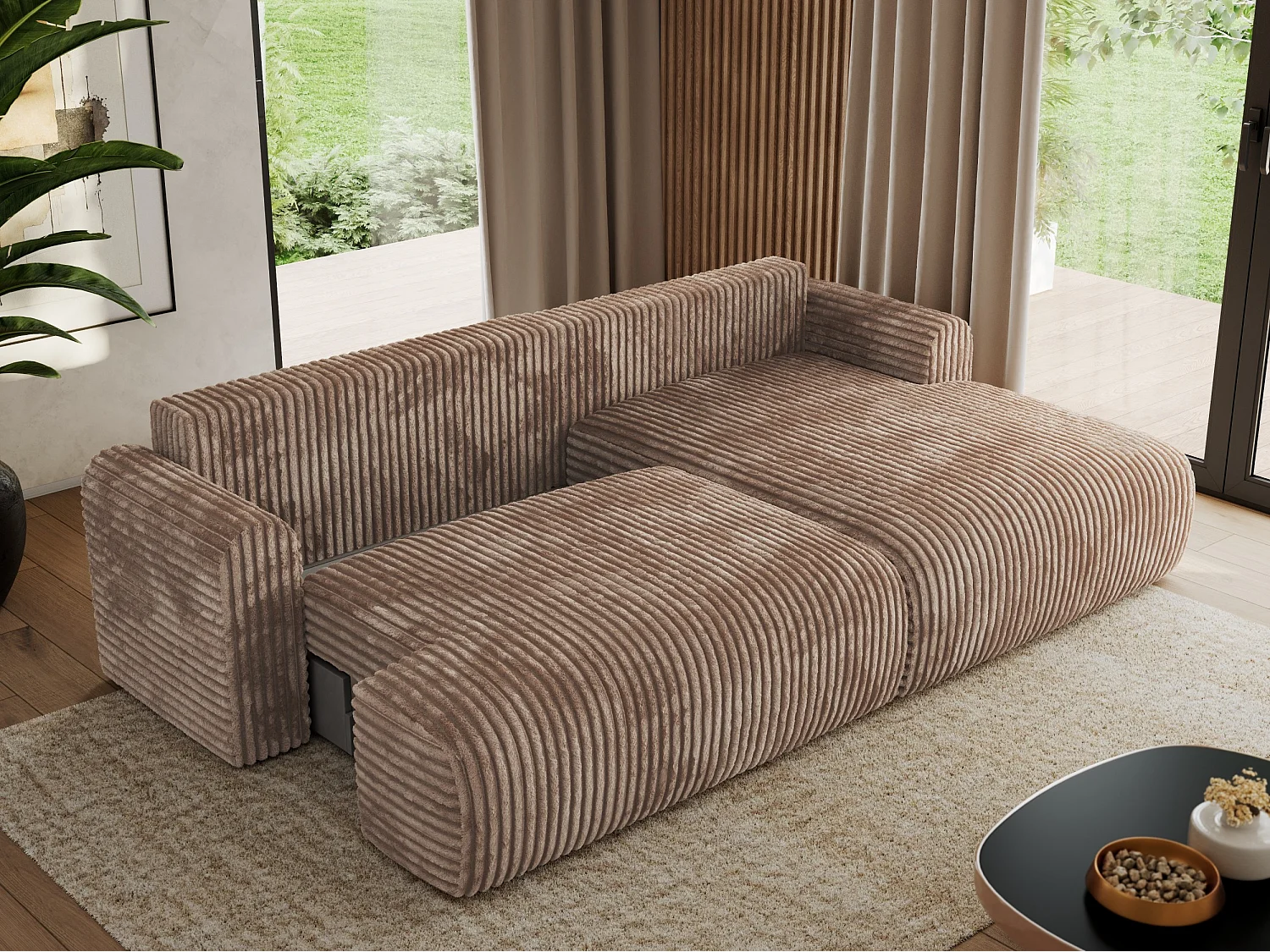 Ecksofa TONO - mit Schlaffunktion und Bettkasten, L-form Ecke, Armlehnen - Braun Cord - Ecke Rechts