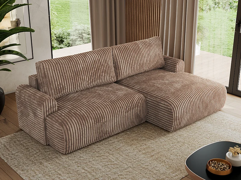 Ecksofa TONO - mit Schlaffunktion und Bettkasten, L-form Ecke, Armlehnen - Braun Cord - Ecke Rechts