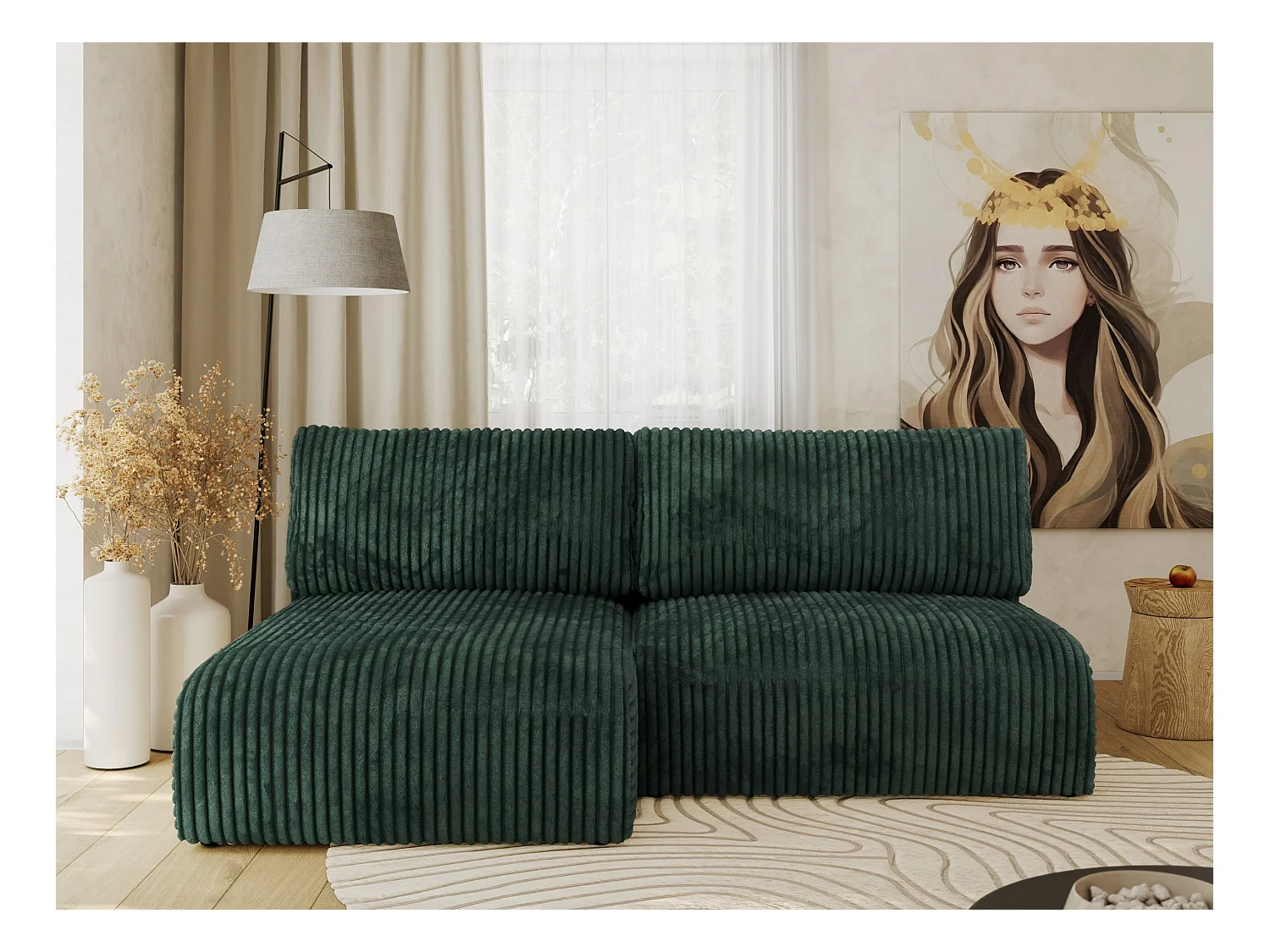 Ecksofa VIVO - L-form Couch mit Schlaffunktion und Bettkasten, Wellenfeder - Grün Cord - Ecke Links