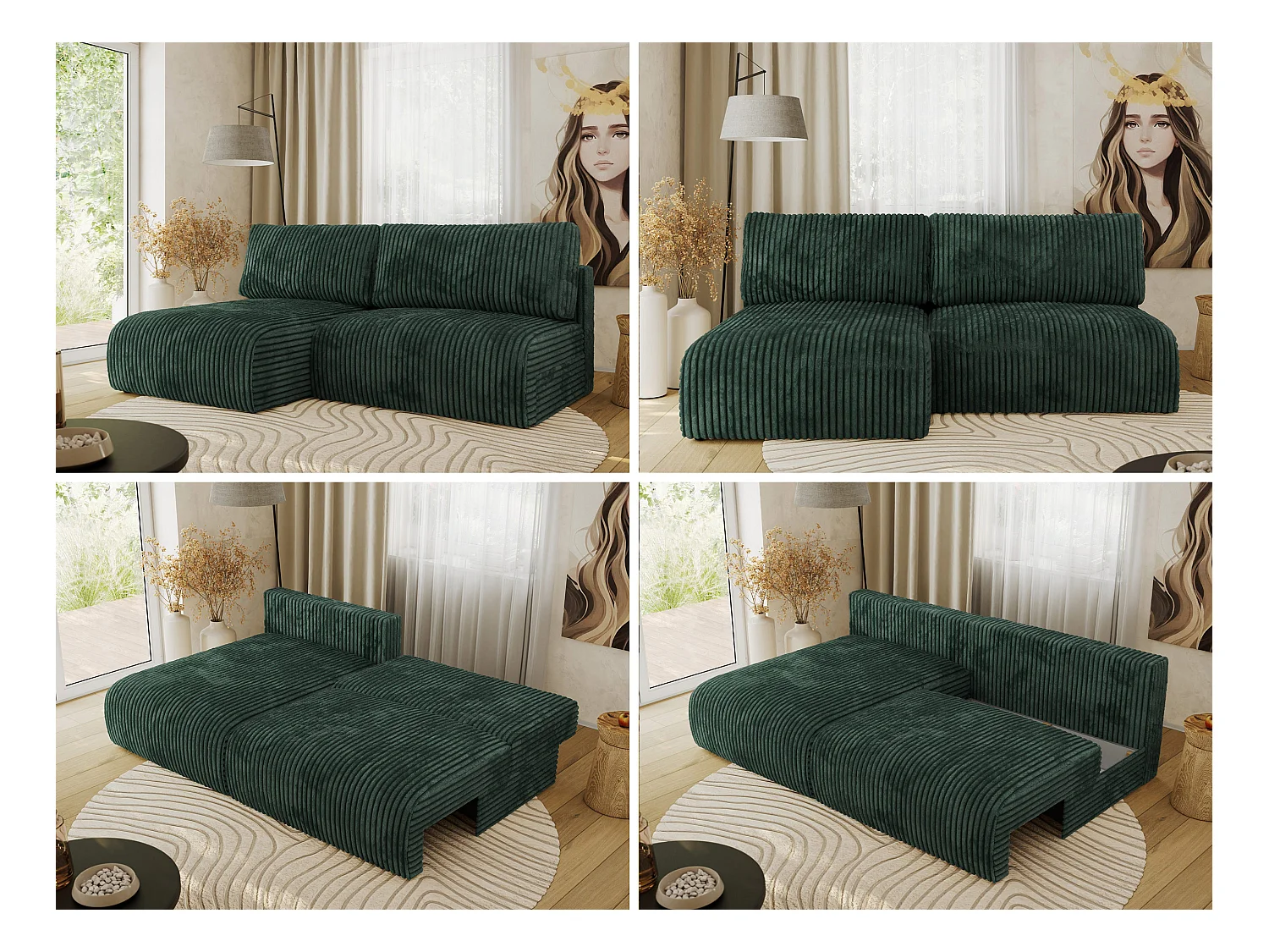 Ecksofa VIVO - L-form Couch mit Schlaffunktion und Bettkasten, Wellenfeder - Grün Cord - Ecke Links