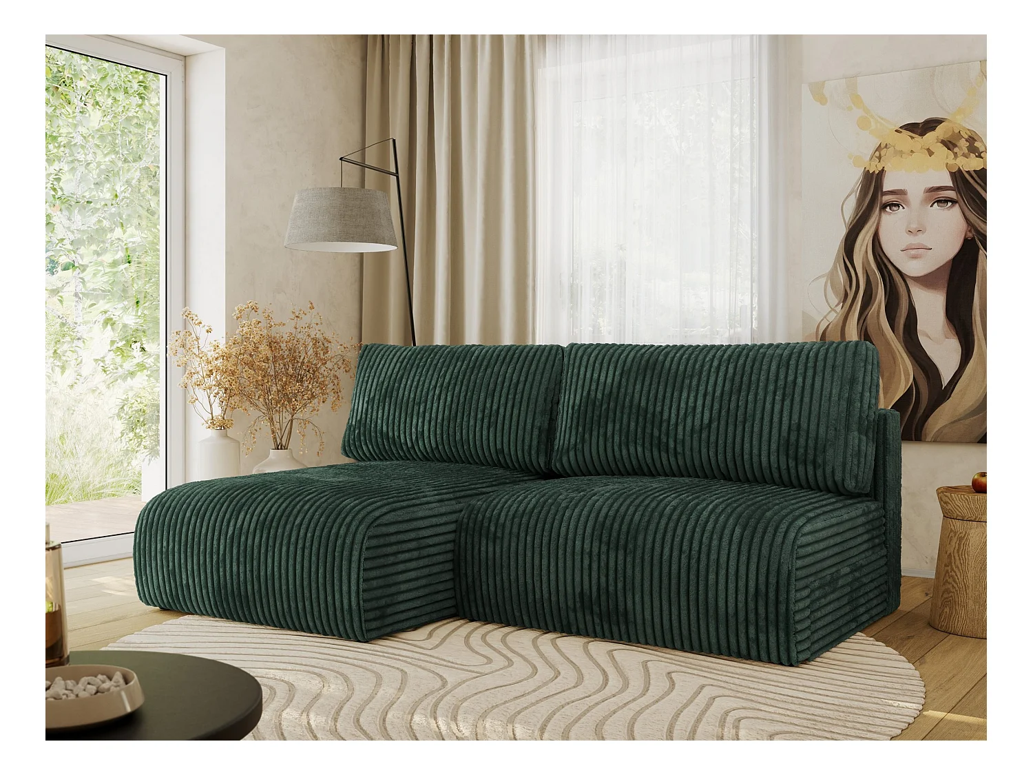 Ecksofa VIVO - L-form Couch mit Schlaffunktion und Bettkasten, Wellenfeder - Grün Cord - Ecke Links