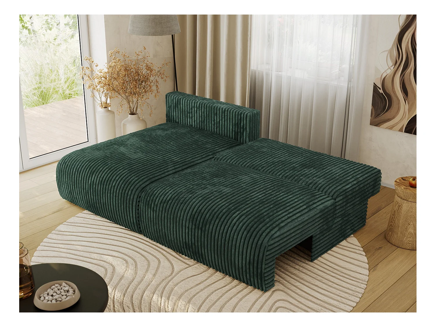 Ecksofa VIVO - L-form Couch mit Schlaffunktion und Bettkasten, Wellenfeder - Grün Cord - Ecke Links