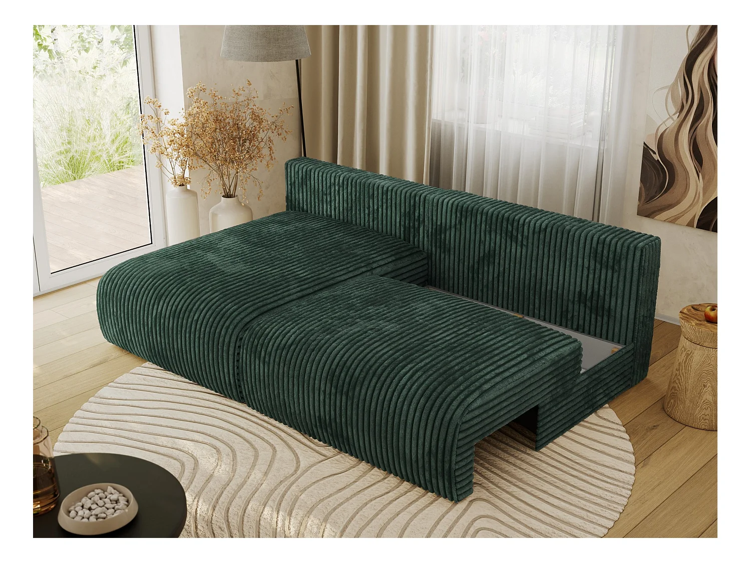 Ecksofa VIVO - L-form Couch mit Schlaffunktion und Bettkasten, Wellenfeder - Grün Cord - Ecke Links