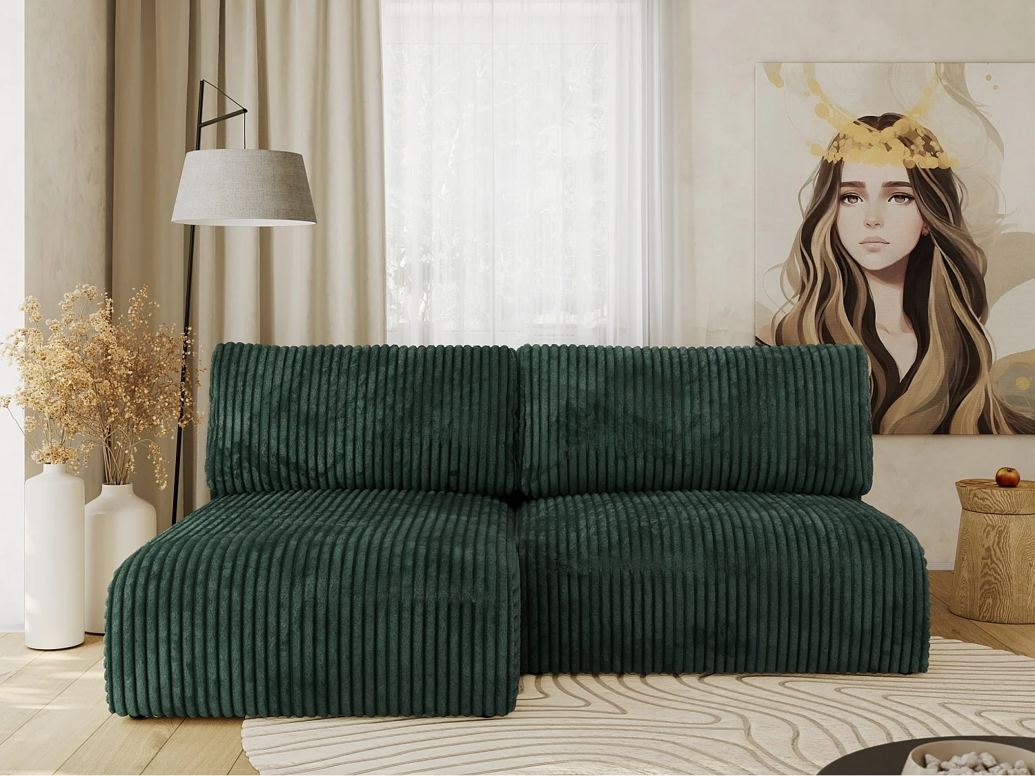 Ecksofa VIVO - L-form Couch mit Schlaffunktion und Bettkasten, Wellenfeder - Grün Cord - Ecke Links