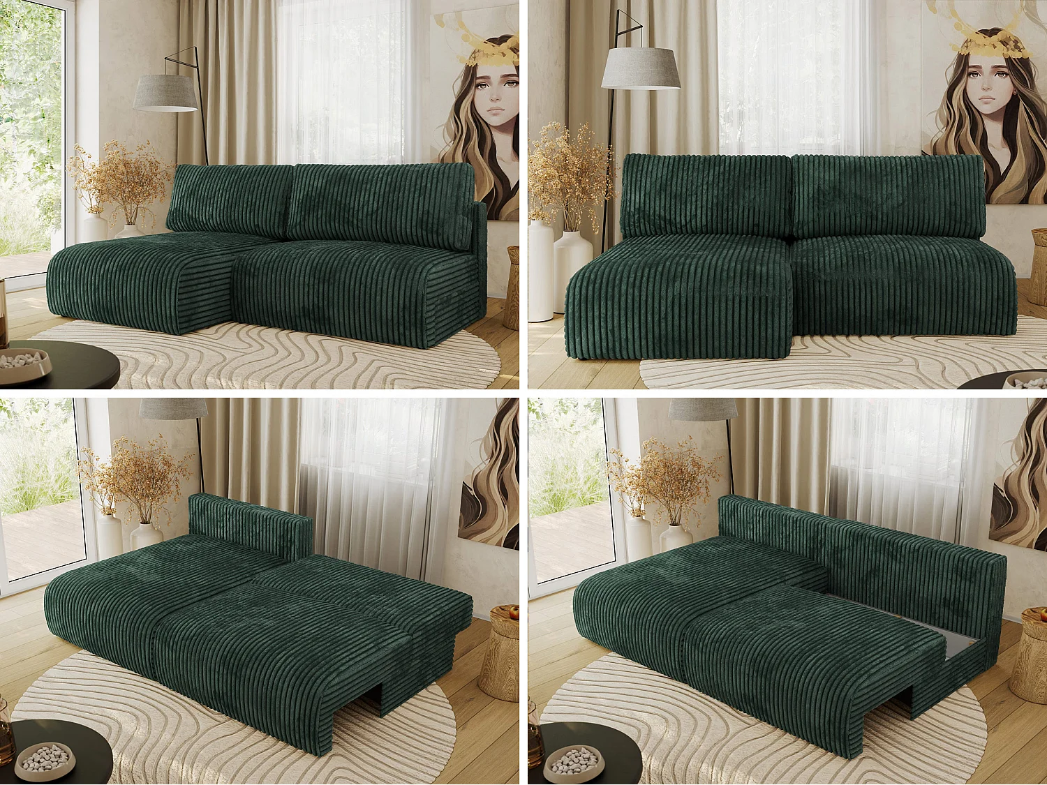 Ecksofa VIVO - L-form Couch mit Schlaffunktion und Bettkasten, Wellenfeder - Grün Cord - Ecke Links
