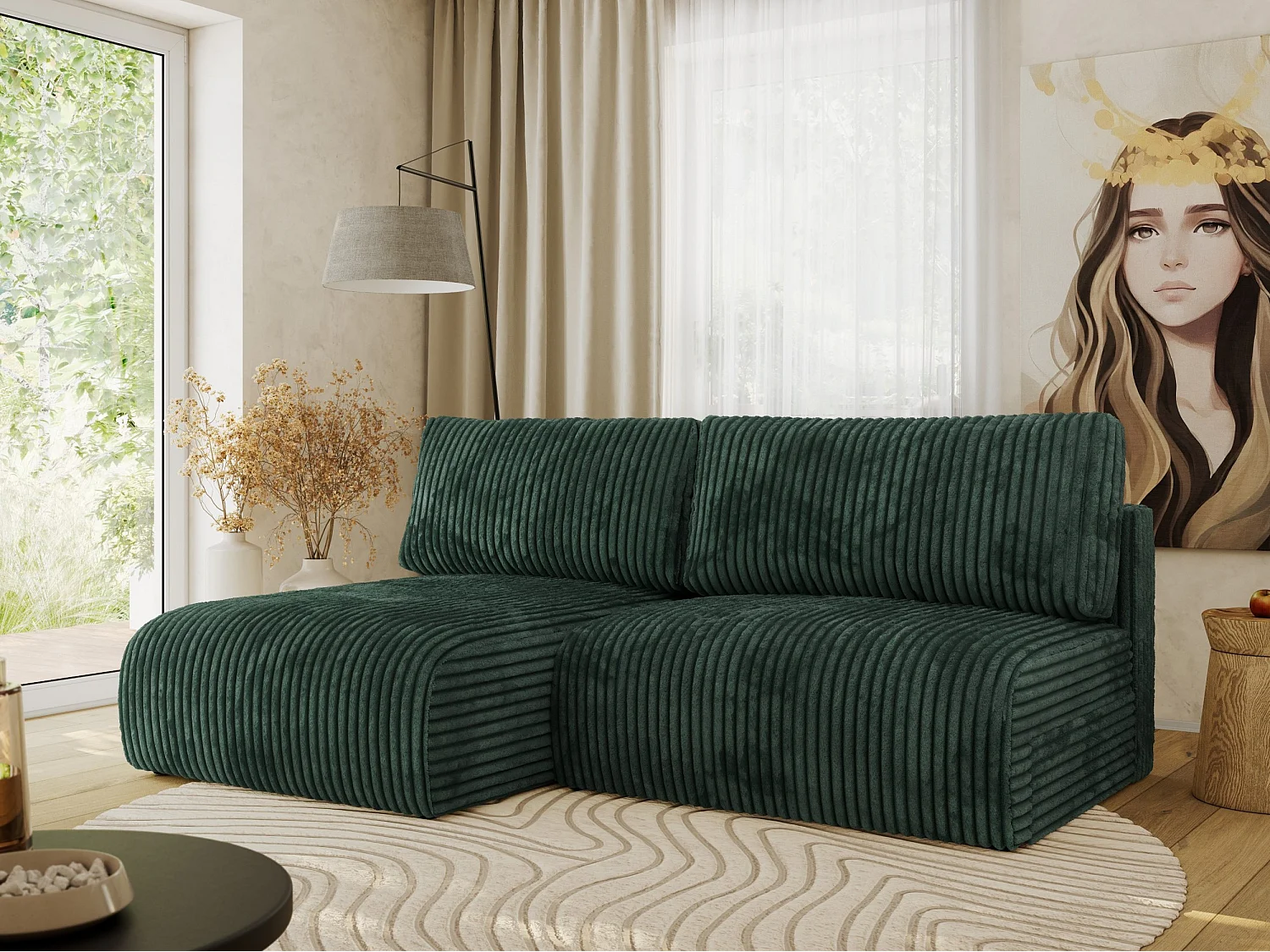 Ecksofa VIVO - L-form Couch mit Schlaffunktion und Bettkasten, Wellenfeder - Grün Cord - Ecke Links