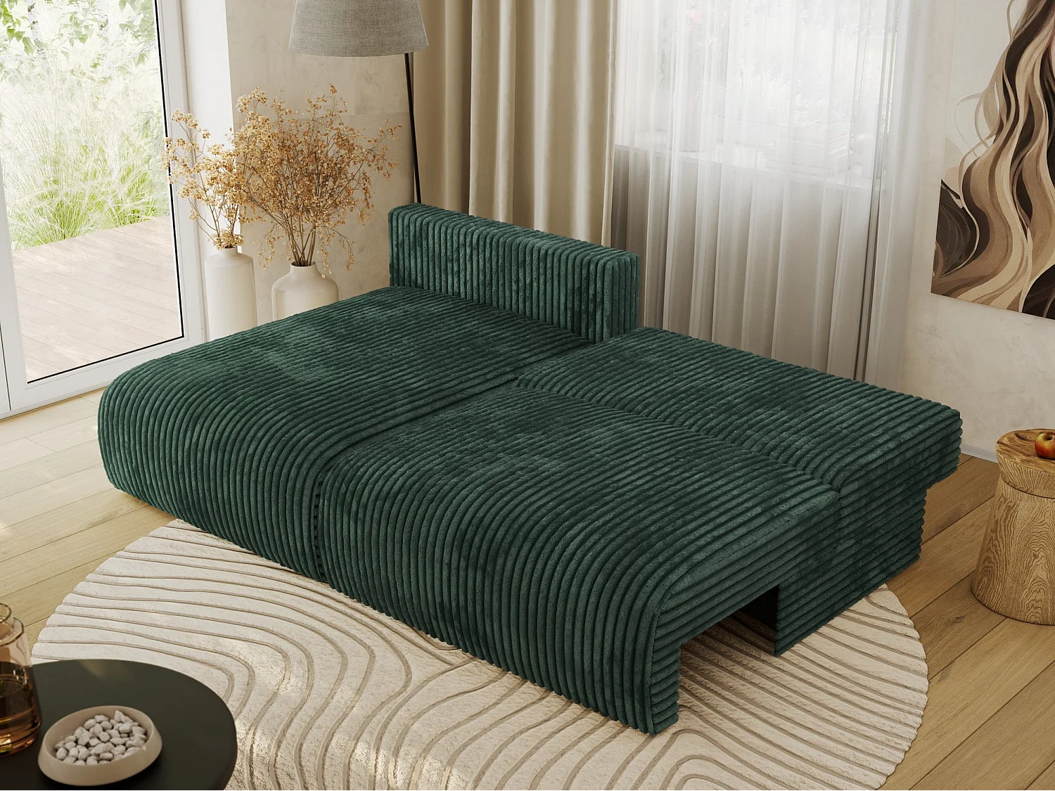 Ecksofa VIVO - L-form Couch mit Schlaffunktion und Bettkasten, Wellenfeder - Grün Cord - Ecke Links