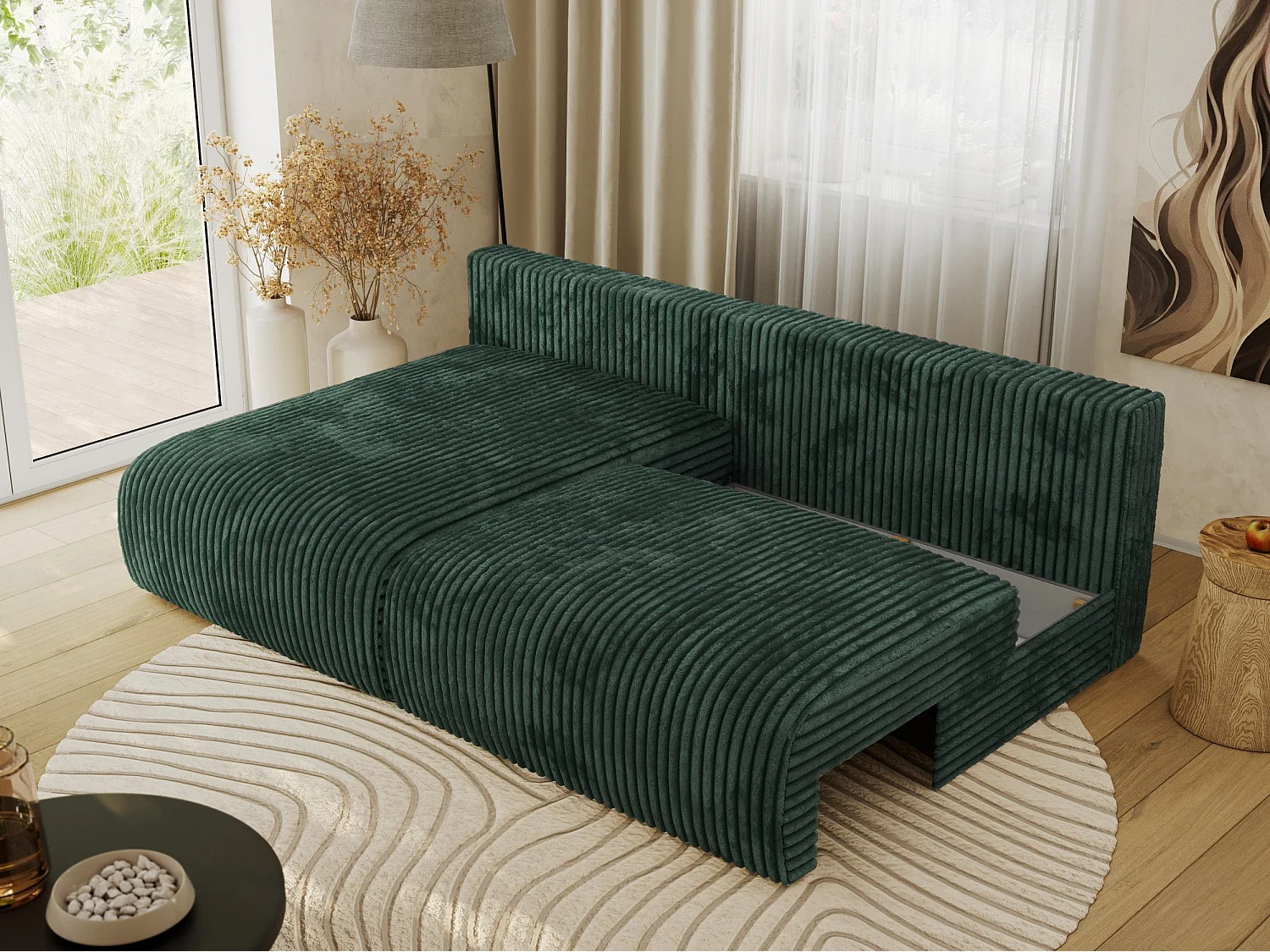 Ecksofa VIVO - L-form Couch mit Schlaffunktion und Bettkasten, Wellenfeder - Grün Cord - Ecke Links