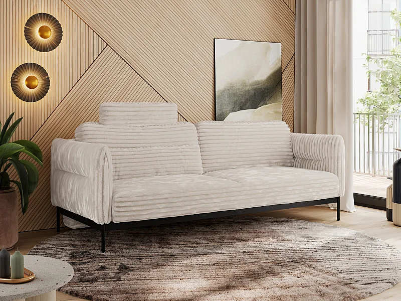 Sofa SALENTO - 3-Sitzer mit Metallbeine, mobile Kopfstütze, Schlafsofa mit lose Kissen - Beige Cord