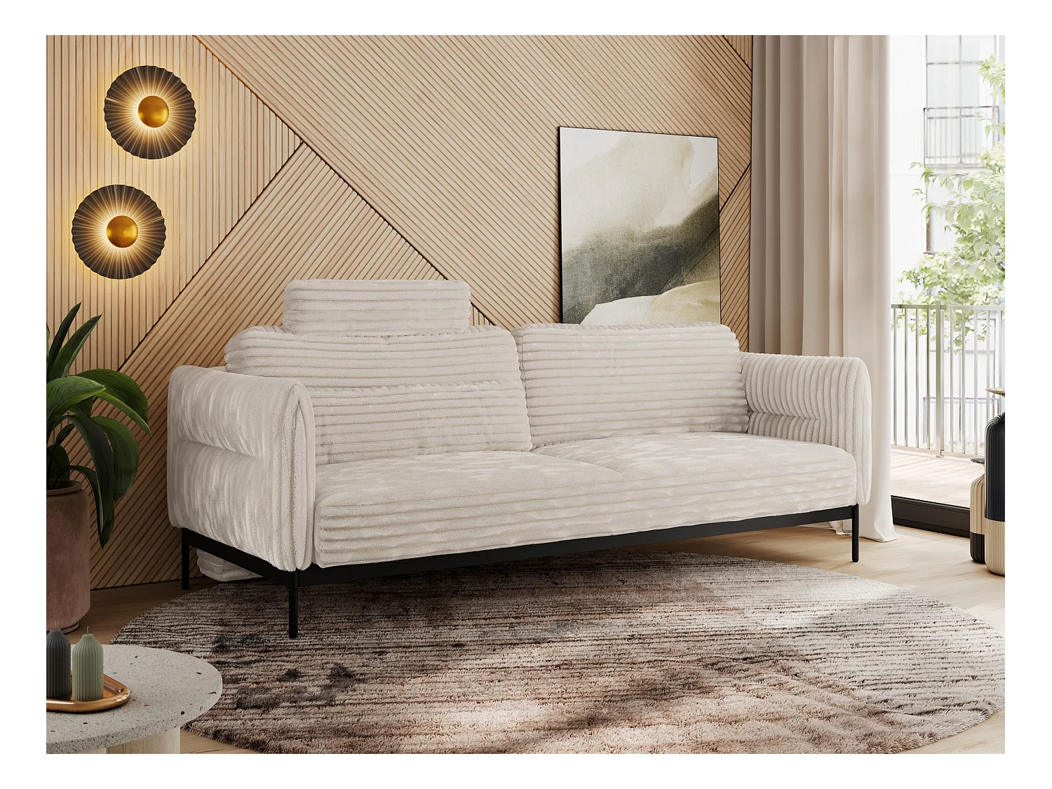 Sofa SALENTO - 3-Sitzer mit Metallbeine, mobile Kopfstütze, Schlafsofa mit lose Kissen - Beige Cord