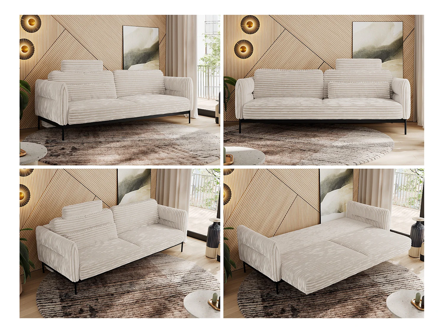 Sofa SALENTO - 3-Sitzer mit Metallbeine, mobile Kopfstütze, Schlafsofa mit lose Kissen - Beige Cord
