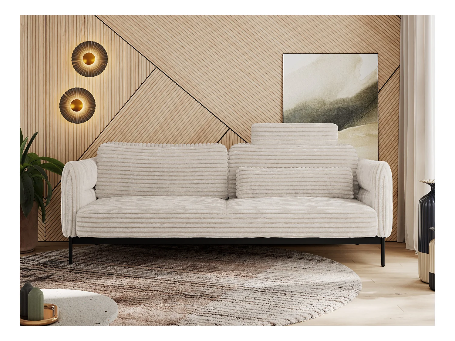 Sofa SALENTO - 3-Sitzer mit Metallbeine, mobile Kopfstütze, Schlafsofa mit lose Kissen - Beige Cord