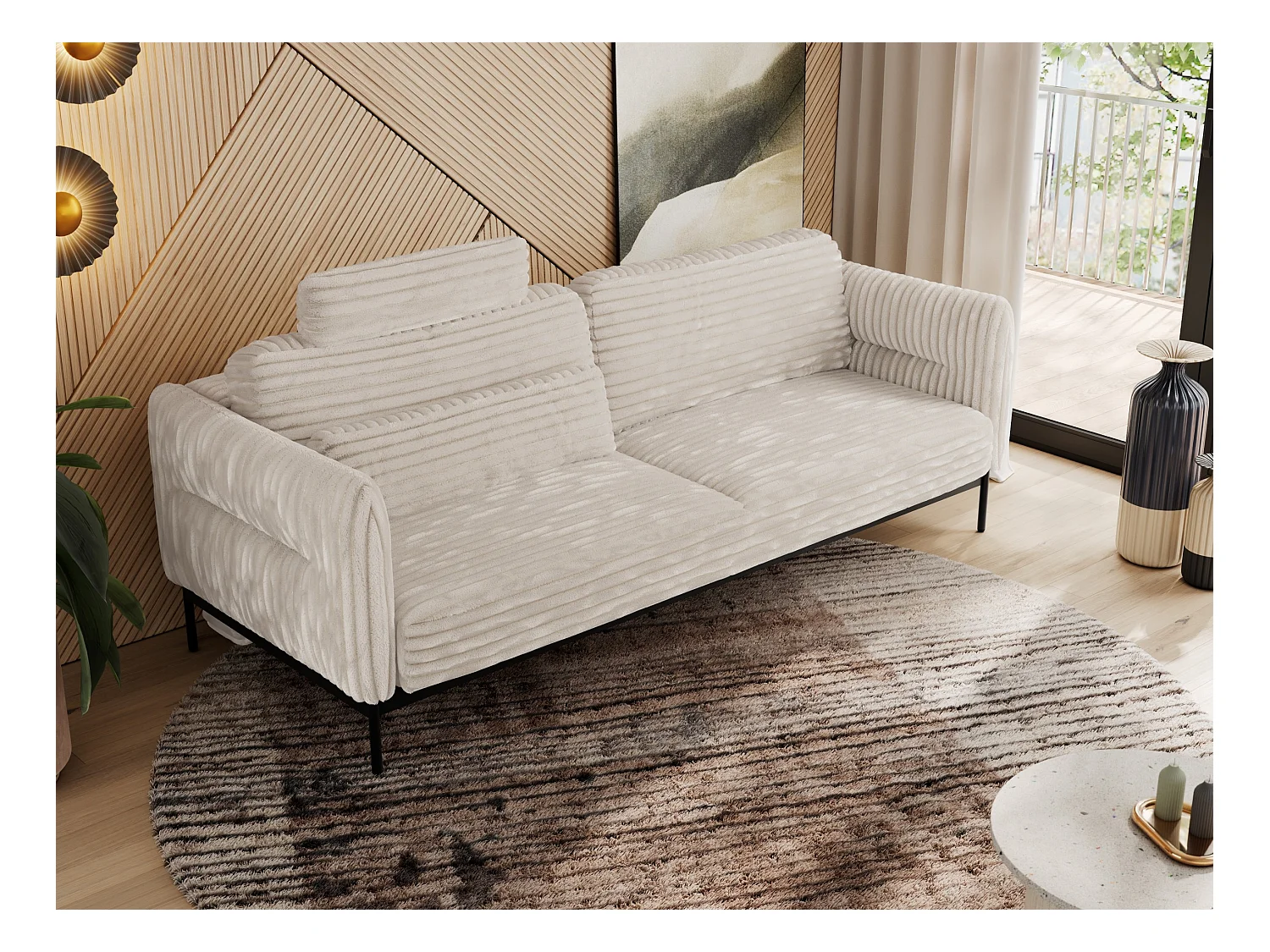 Sofa SALENTO - 3-Sitzer mit Metallbeine, mobile Kopfstütze, Schlafsofa mit lose Kissen - Beige Cord