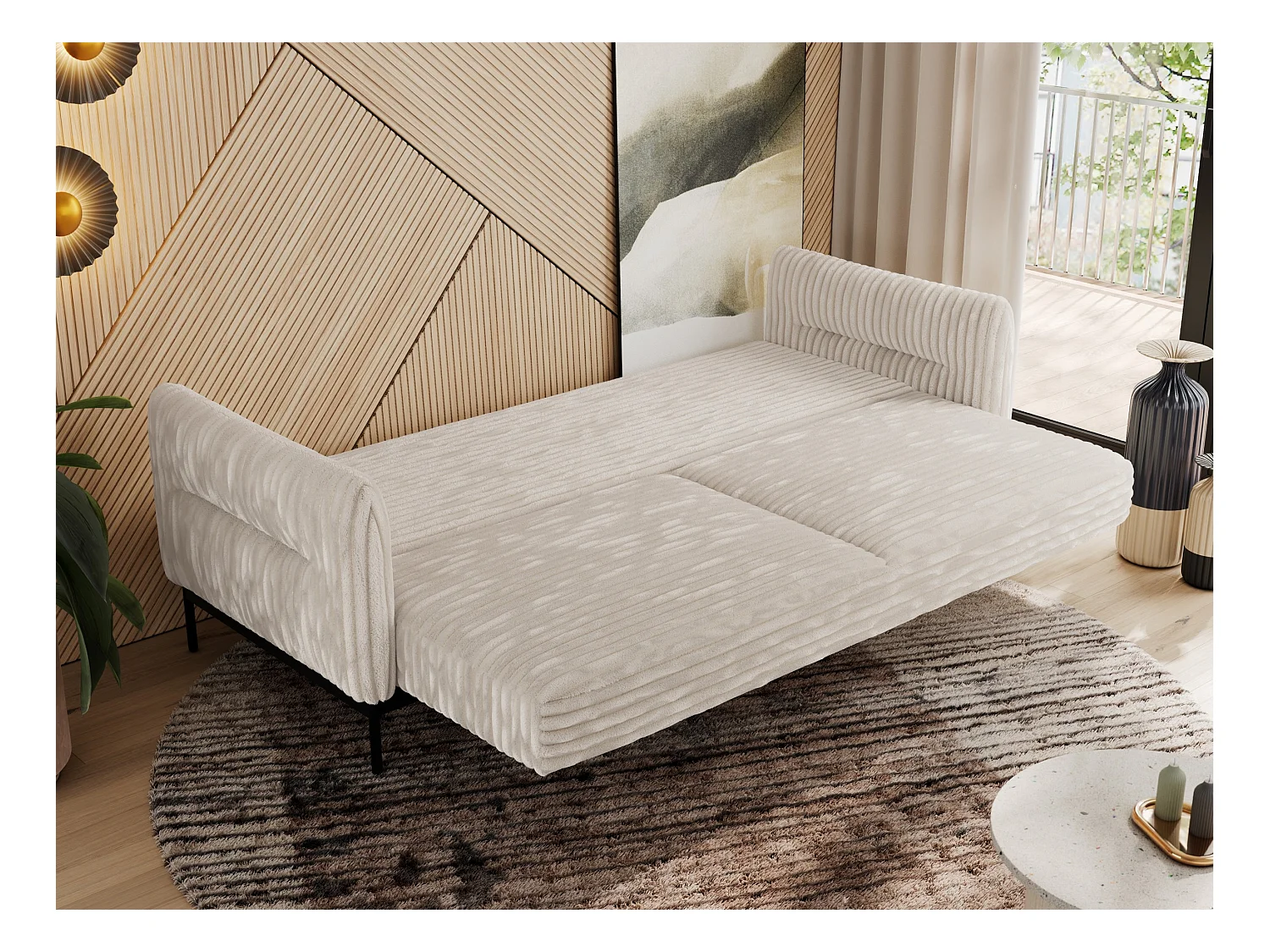 Sofa SALENTO - 3-Sitzer mit Metallbeine, mobile Kopfstütze, Schlafsofa mit lose Kissen - Beige Cord