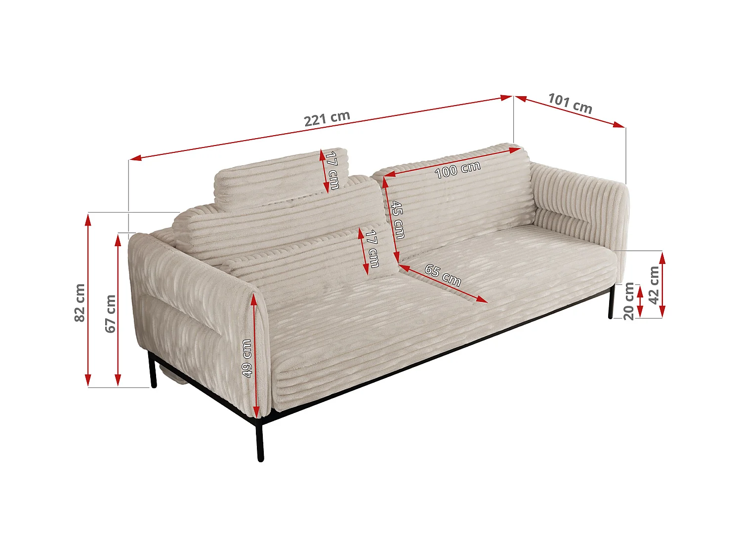 Sofa SALENTO - 3-Sitzer mit Metallbeine, mobile Kopfstütze, Schlafsofa mit lose Kissen - Beige Cord