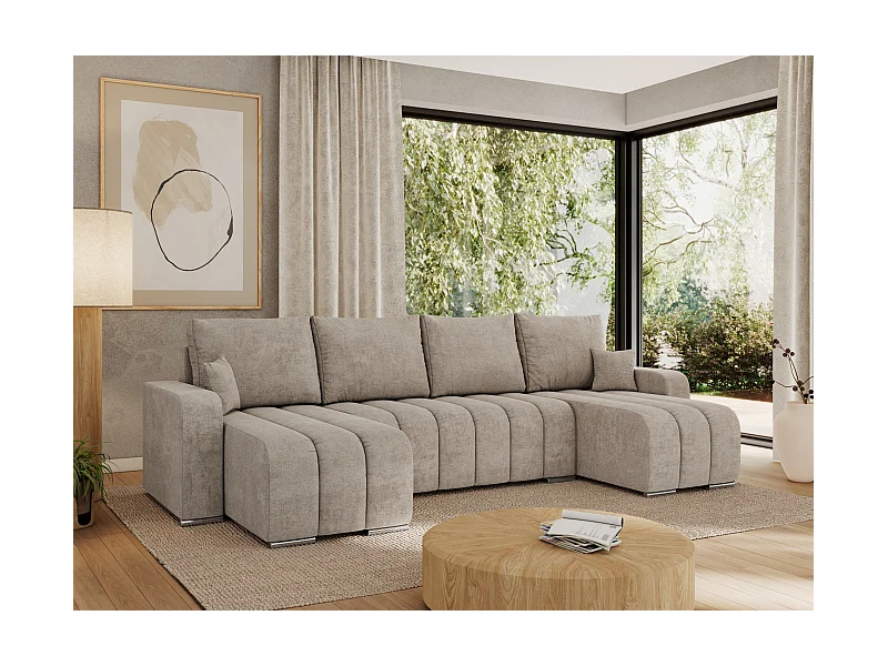 Ecksofa KIRASSO U - Wohnlandschaft, Schlaffunktion und Bettkasten, Couch U-form, lose Kissen - Beige Strukture