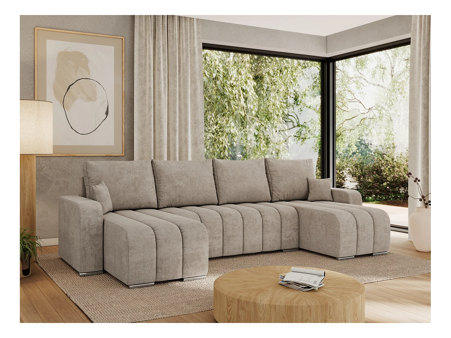 Ecksofa KIRASSO U - Wohnlandschaft, Schlaffunktion und Bettkasten, Couch U-form, lose Kissen - Beige Strukture